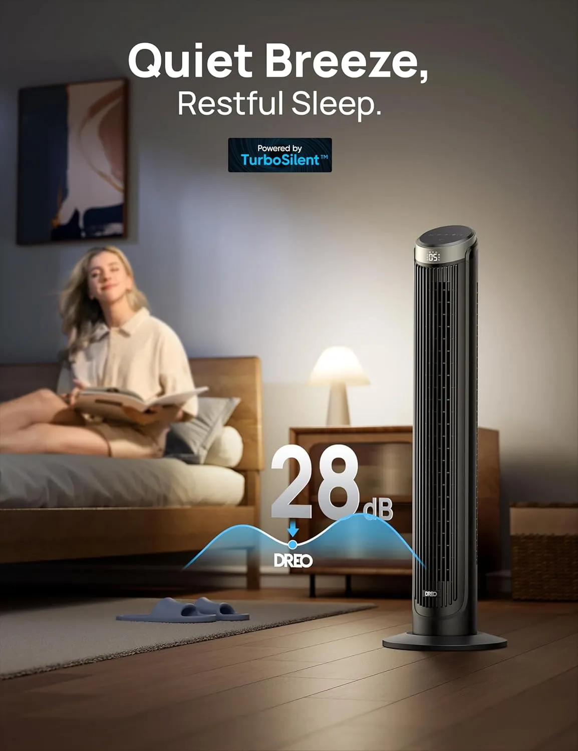 Dreo Tower Fan for Bedroom, 5 Speeds, 4 Modes with 26ft/s Standing Fan, 90° Oscillating Fans for Indoors, 12H & 28dB Quiet Timer, Remote Control, Touch, 40" Bladeless Floor Fan for Home Office, Black