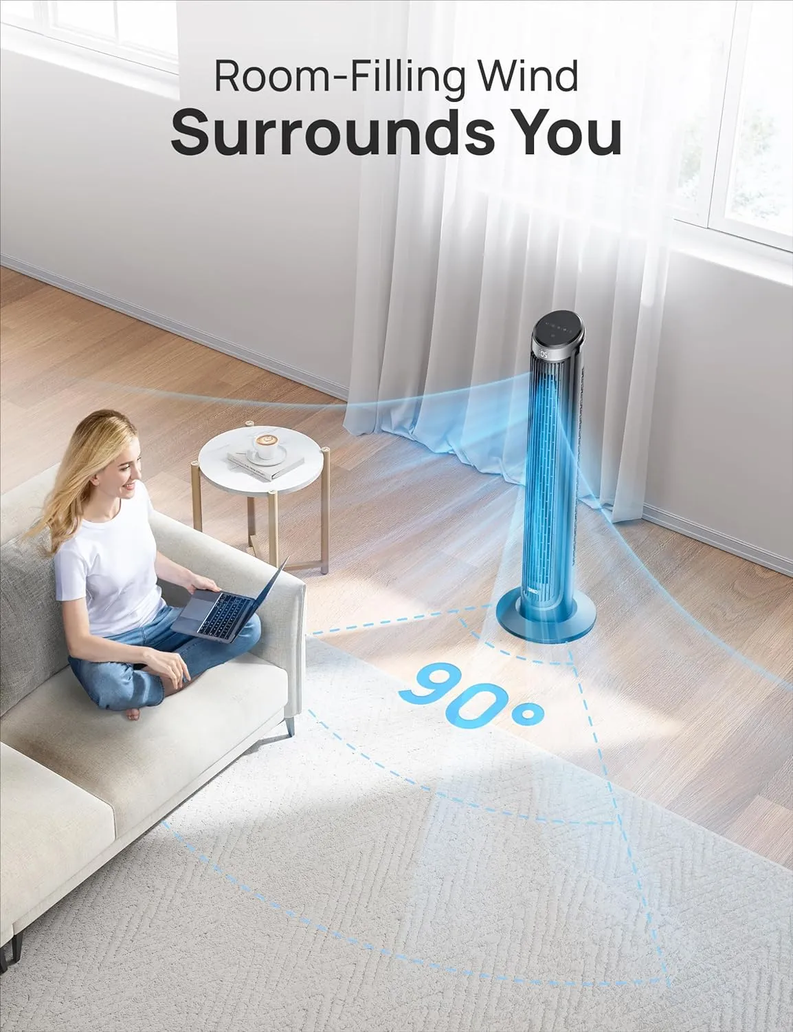 Dreo Tower Fan for Bedroom, 5 Speeds, 4 Modes with 26ft/s Standing Fan, 90° Oscillating Fans for Indoors, 12H & 28dB Quiet Timer, Remote Control, Touch, 40" Bladeless Floor Fan for Home Office, Black