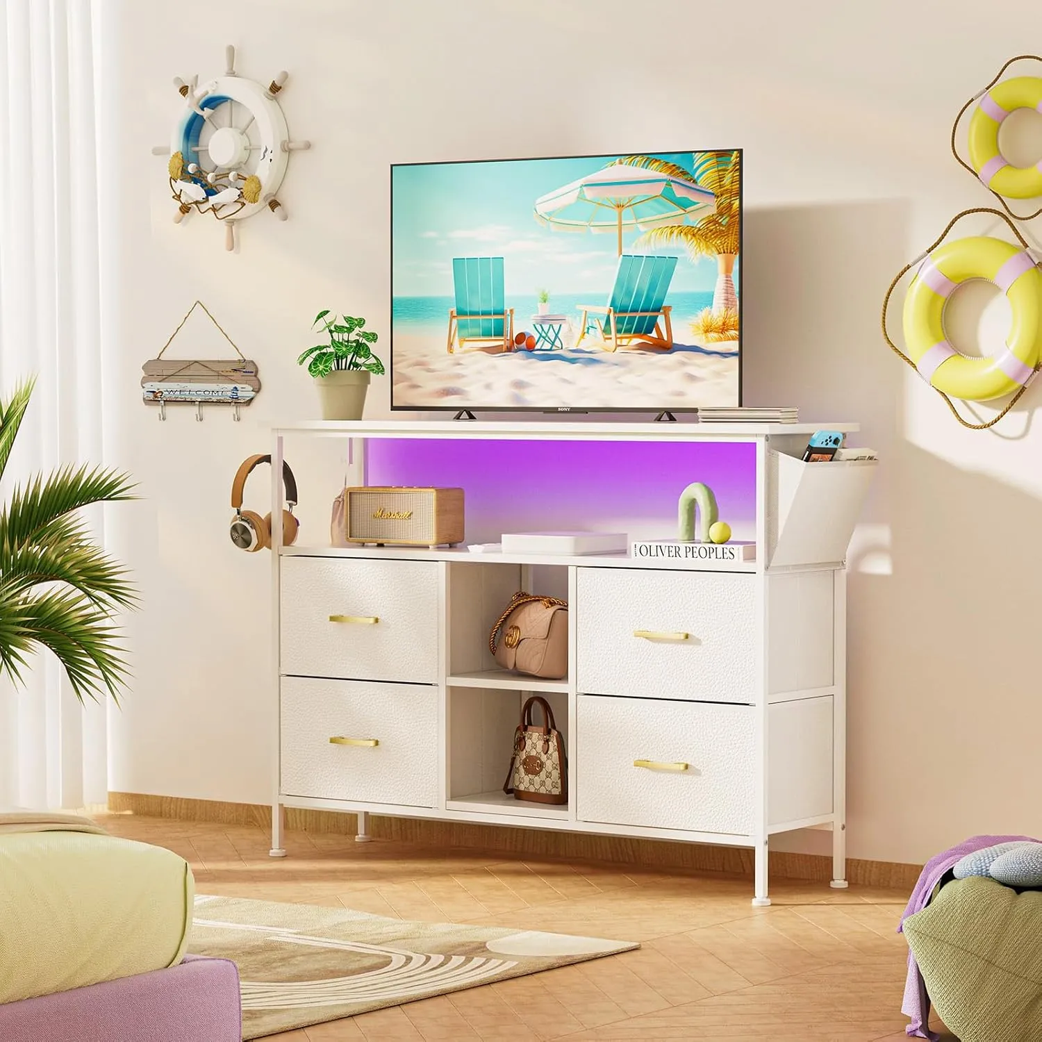 Dresser TV Stand with Power Outlet for 50'' TV, White TV Stand with LED, Storage Cabinet TV Stand, Entertainment Center with 4 Deep Drawers, Wide Chest of Drawer for Storage in Bedroom