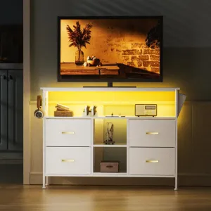 Dresser TV Stand with Power Outlet for 50'' TV, White TV Stand with LED, Storage Cabinet TV Stand, Entertainment Center with 4 Deep Drawers, Wide Chest of Drawer for Storage in Bedroom