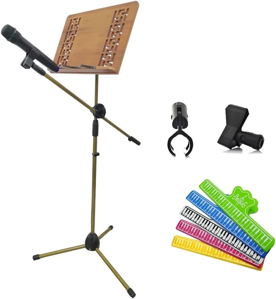 Dual-Use Portable Adjustable Sheet Music Stand Book Stand with Microphone Stand Holder and Carry Bag Music Sheet Clip Music Holder for Instrumental Performance(Wispy,Style 2)