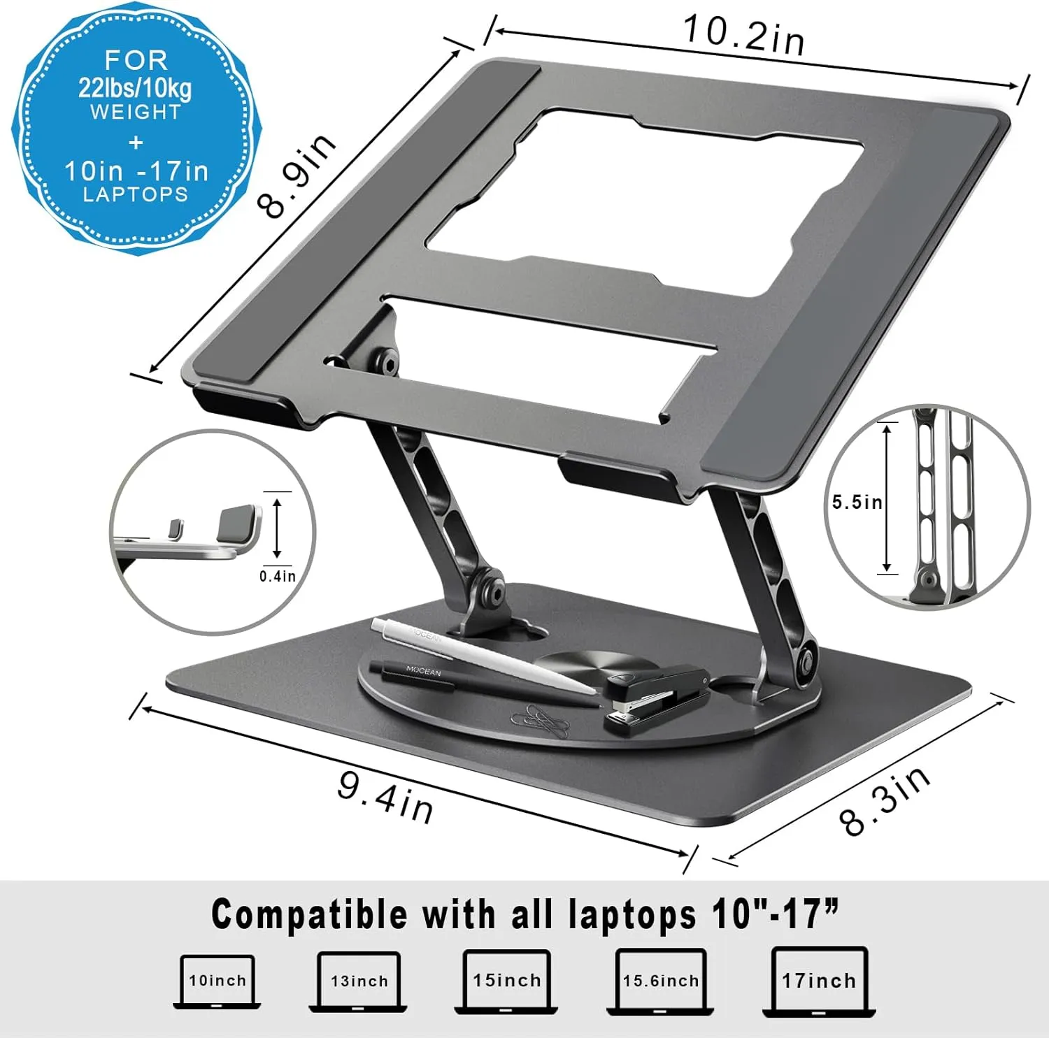 DUCHY Adjustable 360° Rotating Laptop Stand - Ergonomic, Portable, 22Lbs Heavy Duty - Compatible with MacBook Air/Pro & All 17-Inch Laptops