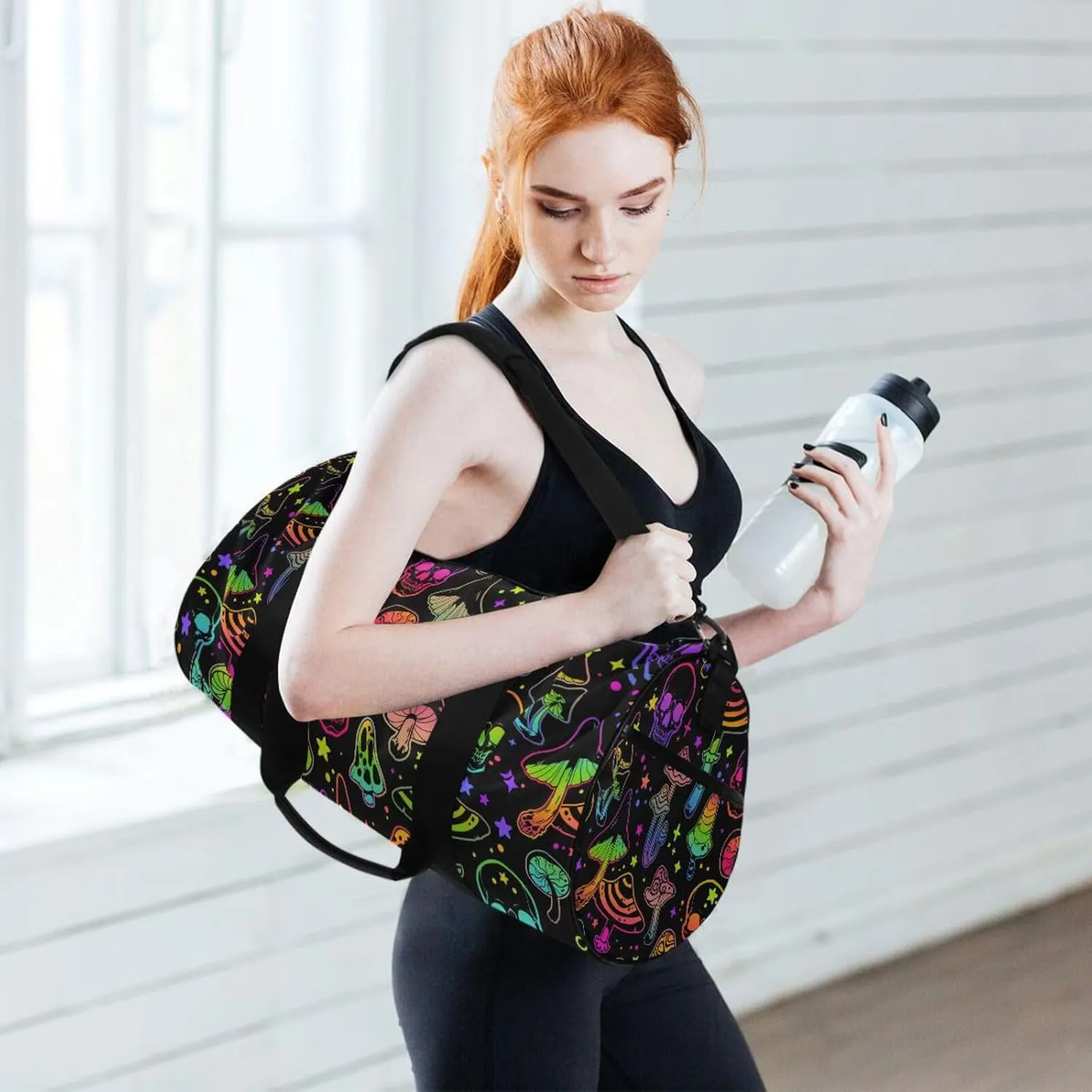 Duffle Bag Lightweight with Inner Pocket Travel Duffed Tote Bag Lightweight Weekender Bag, Colorful Skull Mushroom Duffle Print Bag for Gym Yoga Sport