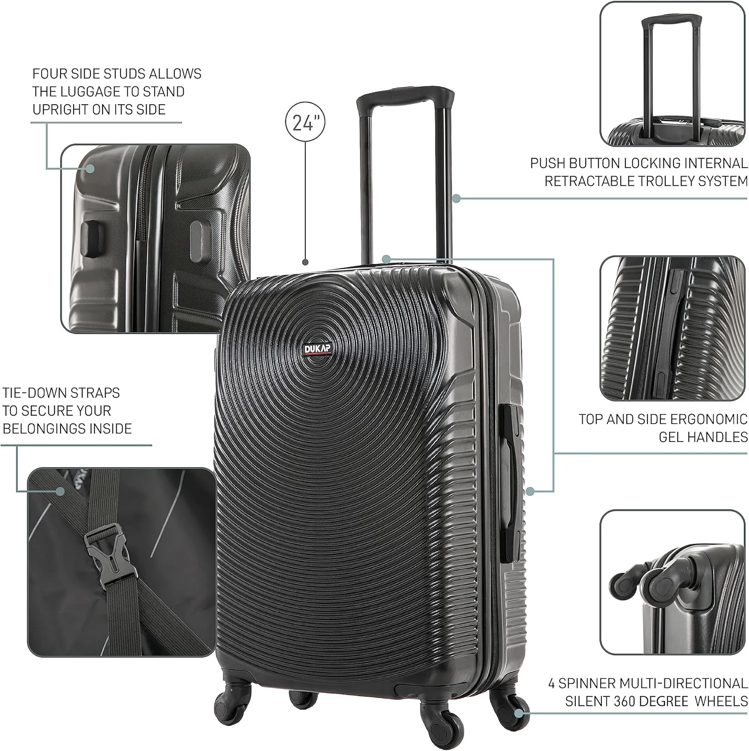 DUKAP INCEPTION Luggage with Spinner Wheels | Durable Lightweight Hardside Suitcase, Travel Bag with Handle and Trolley, 24-Inch Medium Checked Luggage | Black