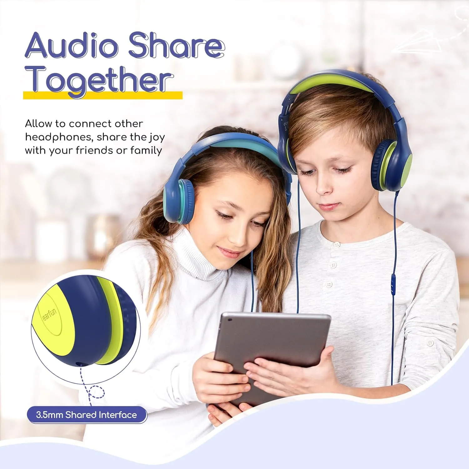 EarFun Kids Headphones Wired with Microphone, 85/94dB Volume Limit Headphones for Kids, Portable Wired Headphone with Shareport, Stereo Sound Foldable Headset for School/Tablet/iPad, Blue Lemon