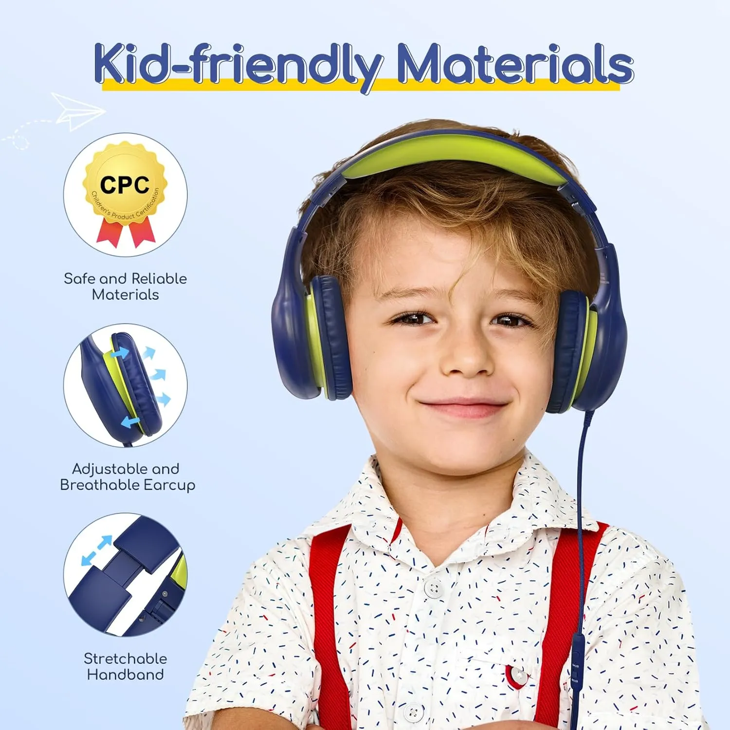 EarFun Kids Headphones Wired with Microphone, 85/94dB Volume Limit Headphones for Kids, Portable Wired Headphone with Shareport, Stereo Sound Foldable Headset for School/Tablet/iPad, Blue Lemon
