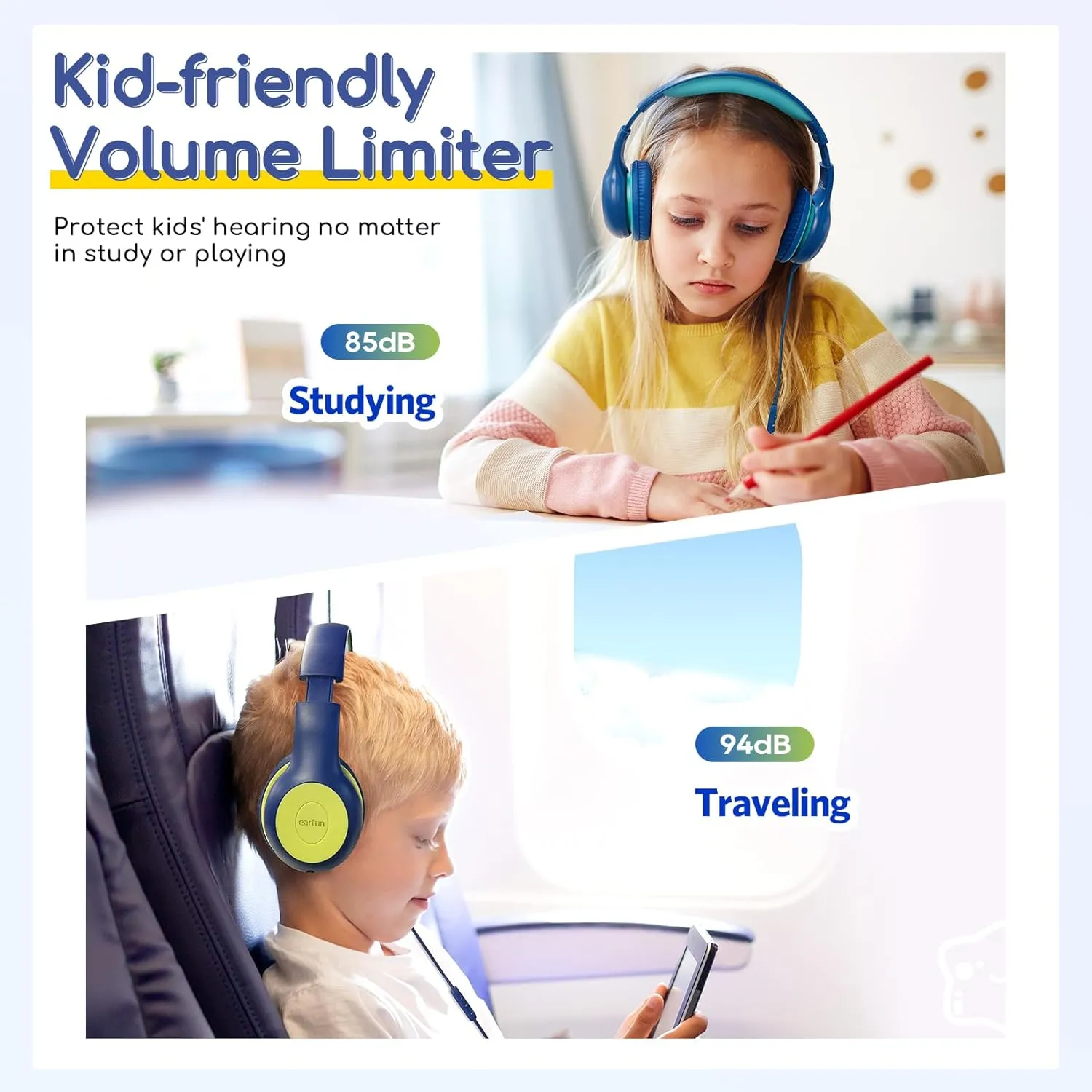 EarFun Kids Headphones Wired with Microphone, 85/94dB Volume Limit Headphones for Kids, Portable Wired Headphone with Shareport, Stereo Sound Foldable Headset for School/Tablet/iPad, Blue Lemon