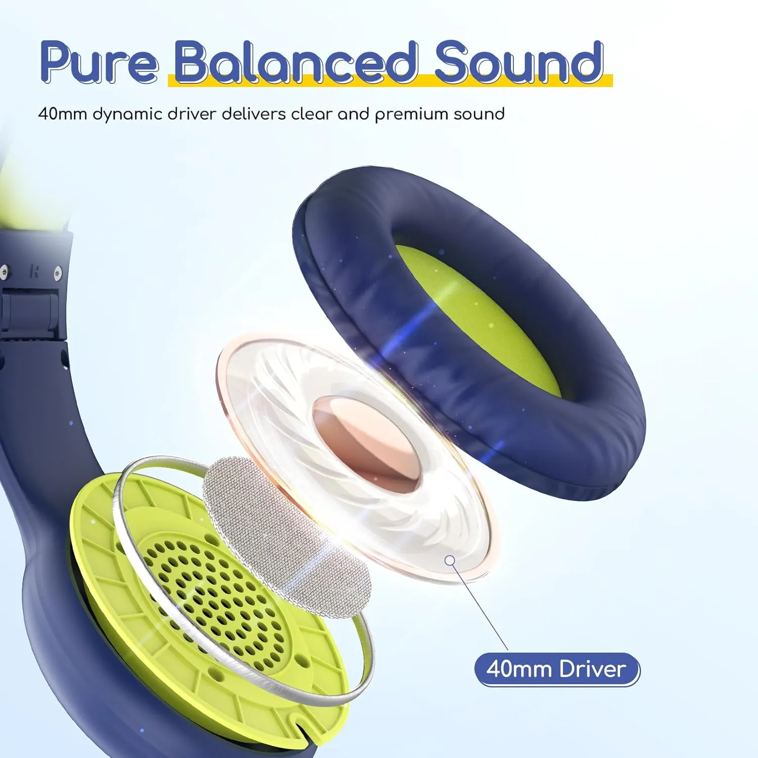 EarFun Kids Headphones Wired with Microphone, 85/94dB Volume Limit Headphones for Kids, Portable Wired Headphone with Shareport, Stereo Sound Foldable Headset for School/Tablet/iPad, Blue Lemon