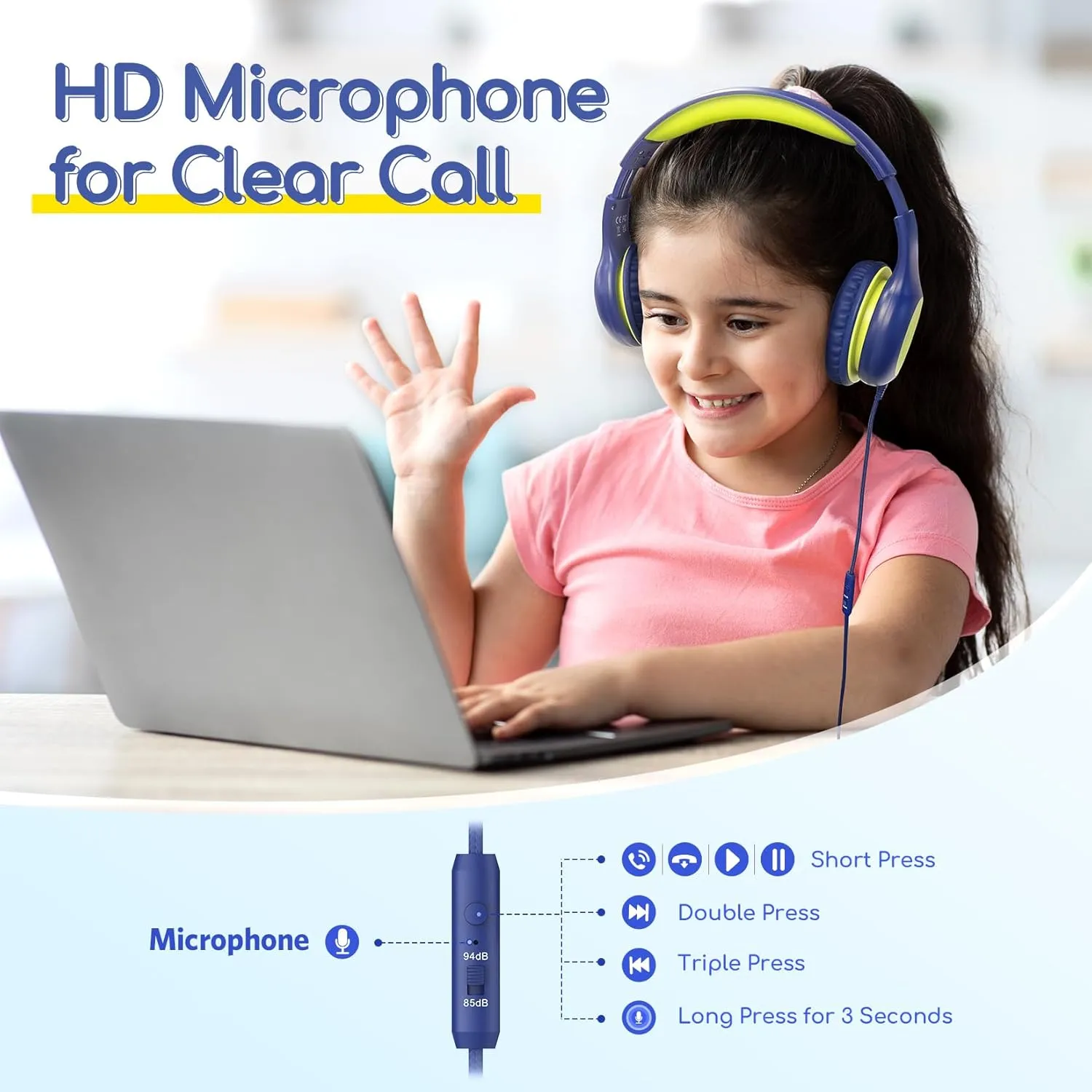 EarFun Kids Headphones Wired with Microphone, 85/94dB Volume Limit Headphones for Kids, Portable Wired Headphone with Shareport, Stereo Sound Foldable Headset for School/Tablet/iPad, Blue Lemon