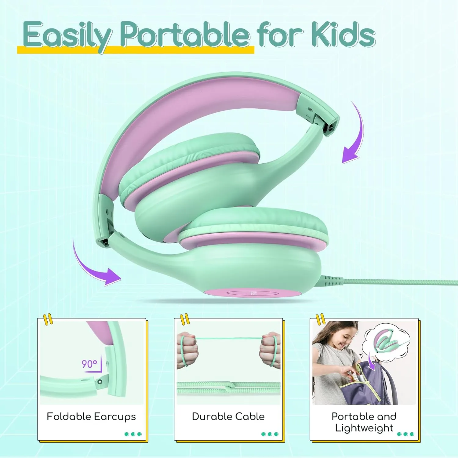 EarFun Kids Headphones Wired with Microphone, 85/94dB Volume Limit Headphones for Kids, Portable Wired Headphone with Shareport, Stereo Sound Foldable Headset for School/Tablet/iPad, Green Violet