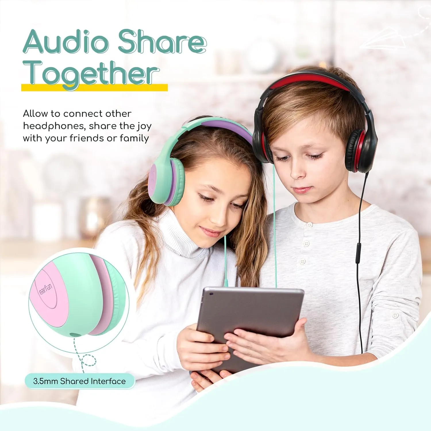 EarFun Kids Headphones Wired with Microphone, 85/94dB Volume Limit Headphones for Kids, Portable Wired Headphone with Shareport, Stereo Sound Foldable Headset for School/Tablet/iPad, Green Violet