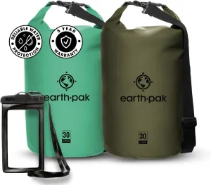 Earth Pak Waterproof Dry Bag - Roll Top Waterproof Backpack Sack (30L Seafoam Green & 30L Green)