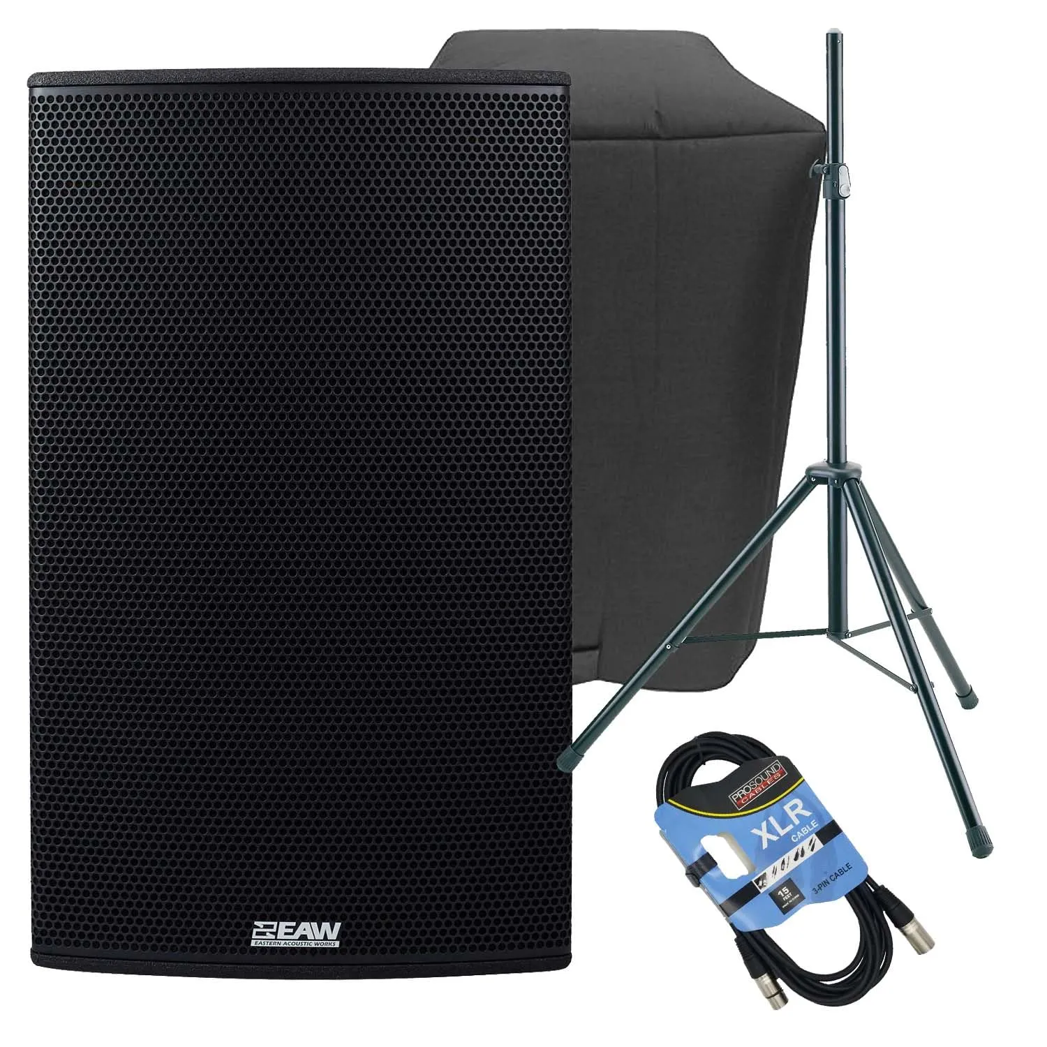 EAW RS151 1500W 15″ Powered Loudspeaker, EAW Cover, Speaker Stand, XLR Cable Bundle