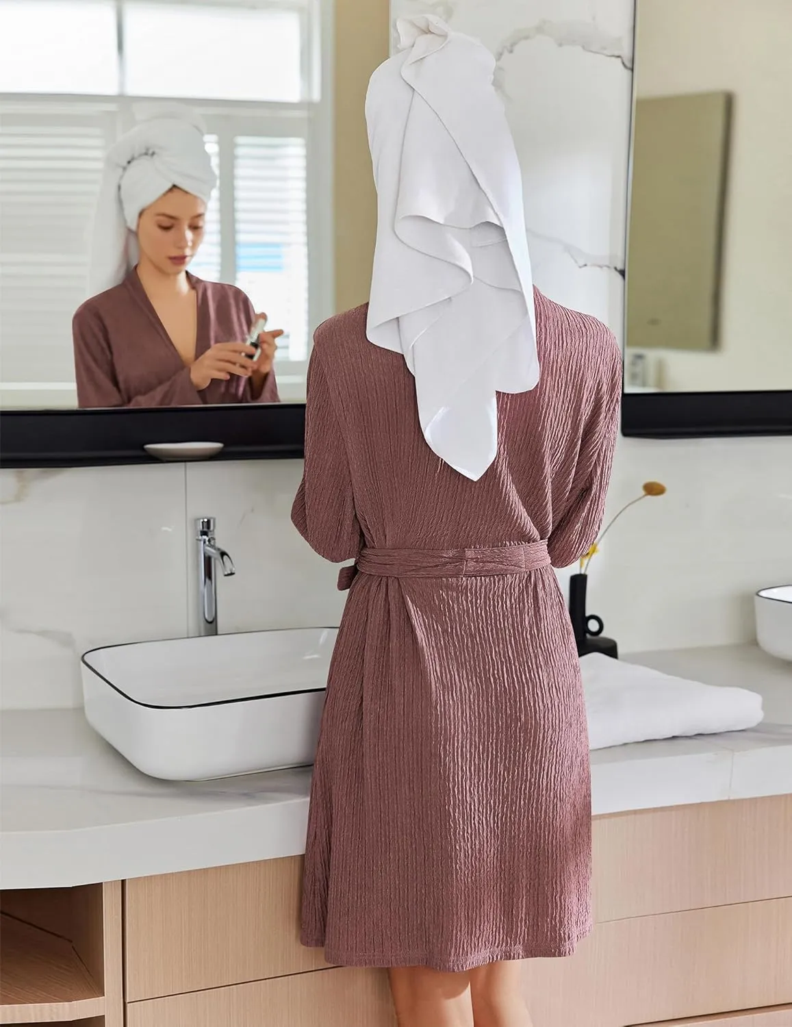 Ekouaer Robes for Women Short Knit Bathrobe Lightweight Kimono Robe Knee Length Loungewear S-XXL