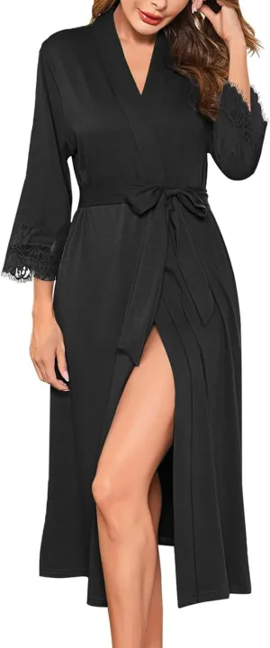 Ekouaer Women's Knit Bathrobe Lace Kimono Robes with Pockets Full Length Lightweight Loungewear S-XXL
