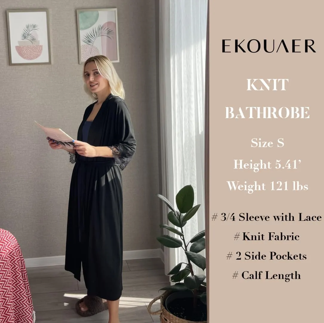 Ekouaer Women's Knit Bathrobe Lace Kimono Robes with Pockets Full Length Lightweight Loungewear S-XXL