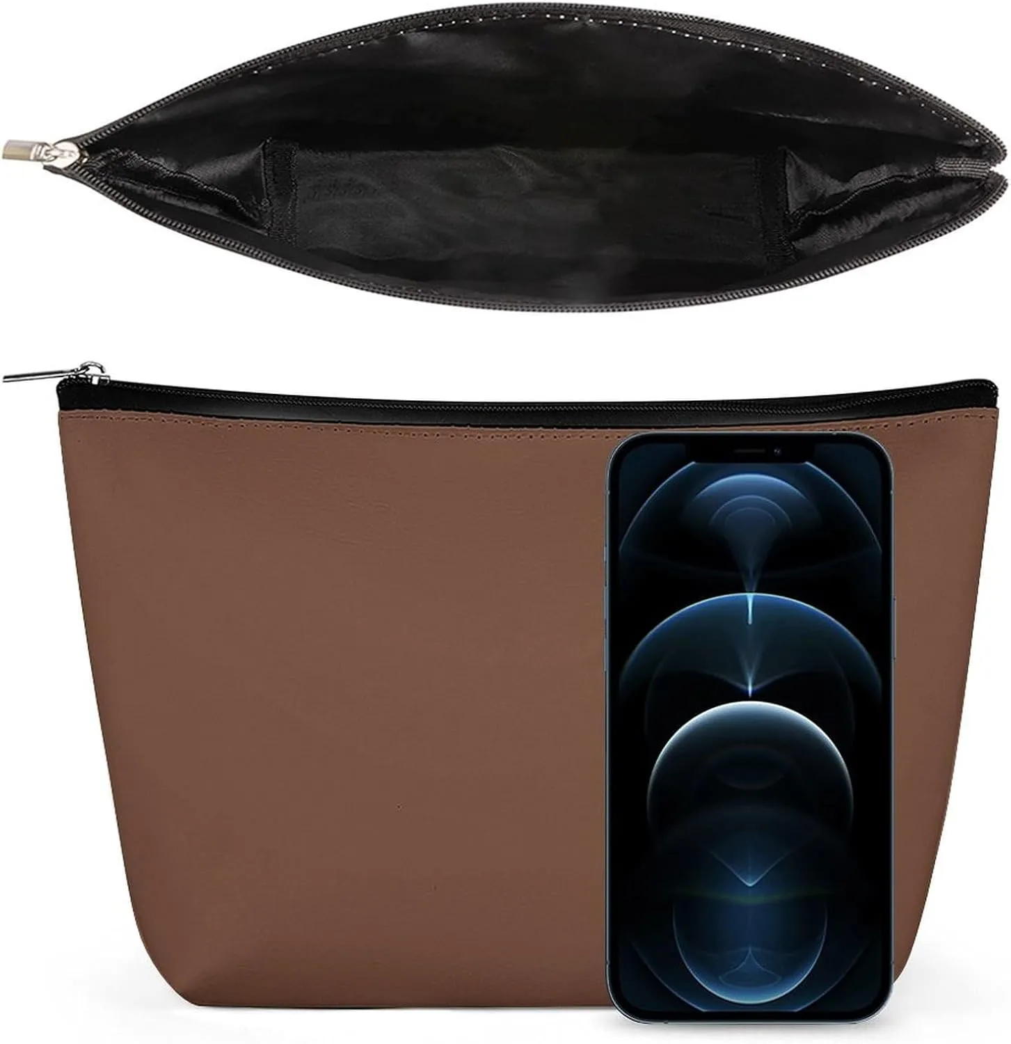 Elegant Makeup Bag, Brown Solid Color Classic Elegant Cosmetic Bag Large Capacity Pouch Portable Organizer for Men & Women