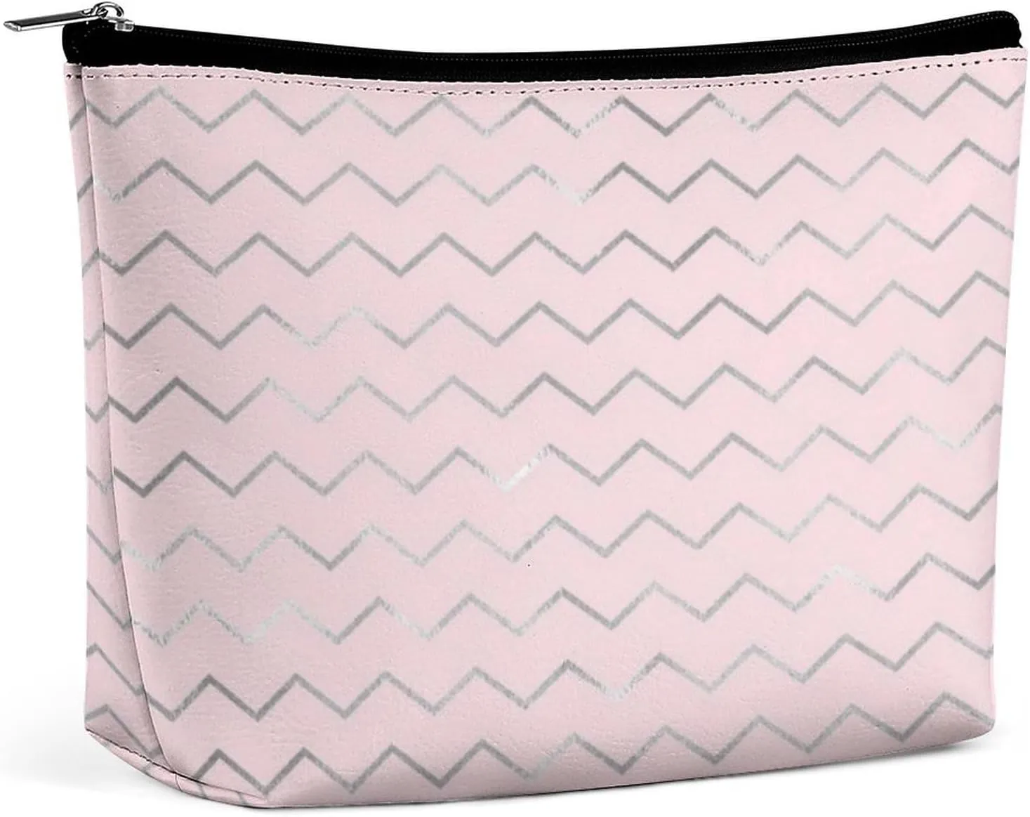 Elegant Makeup Bag, Chevron Stripes Lines Silver Metallic Pink Elegant Cosmetic Bag Large Capacity Pouch Portable Organizer for Men & Women