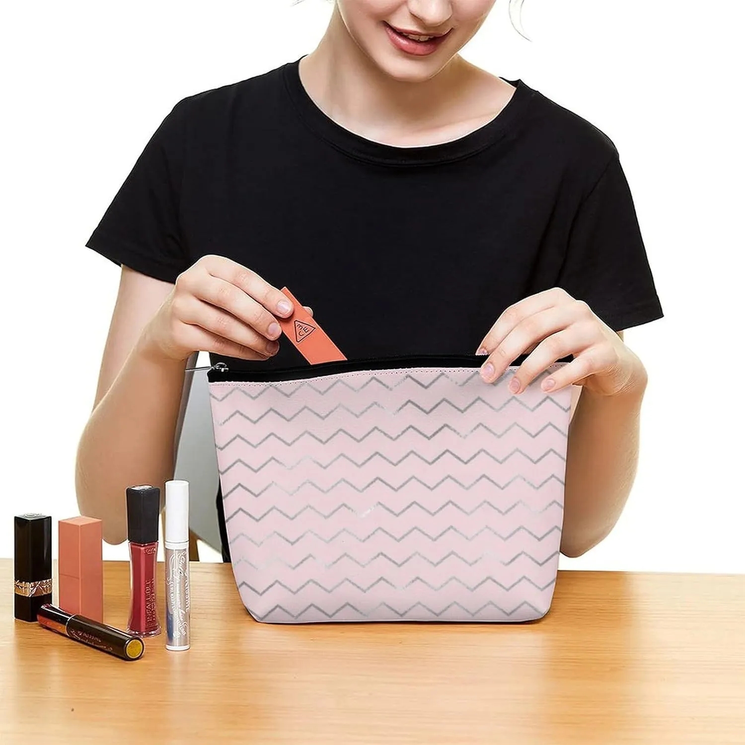 Elegant Makeup Bag, Chevron Stripes Lines Silver Metallic Pink Elegant Cosmetic Bag Large Capacity Pouch Portable Organizer for Men & Women