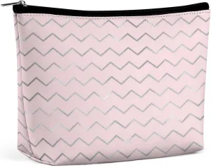 Elegant Makeup Bag, Chevron Stripes Lines Silver Metallic Pink Elegant Cosmetic Bag Large Capacity Pouch Portable Organizer for Men & Women