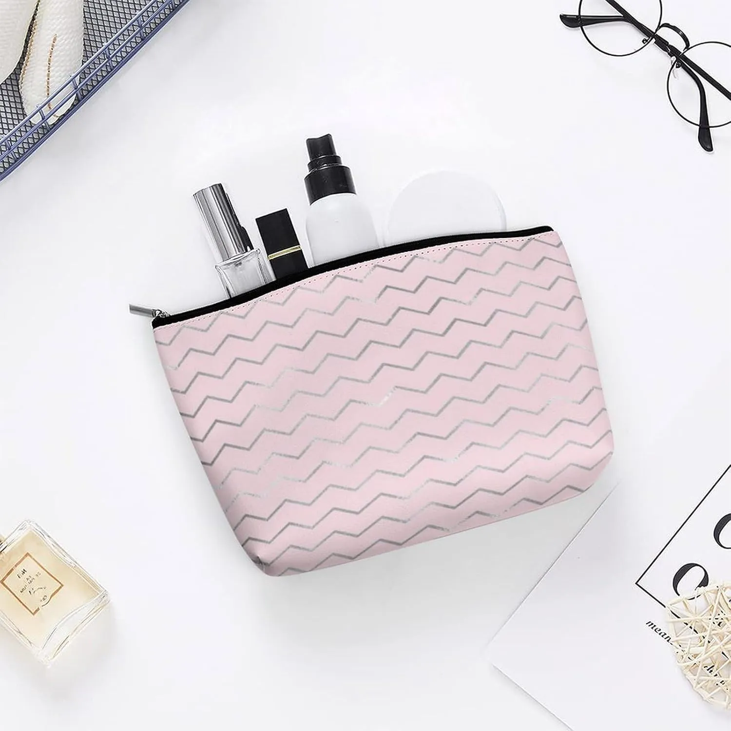 Elegant Makeup Bag, Chevron Stripes Lines Silver Metallic Pink Elegant Cosmetic Bag Large Capacity Pouch Portable Organizer for Men & Women