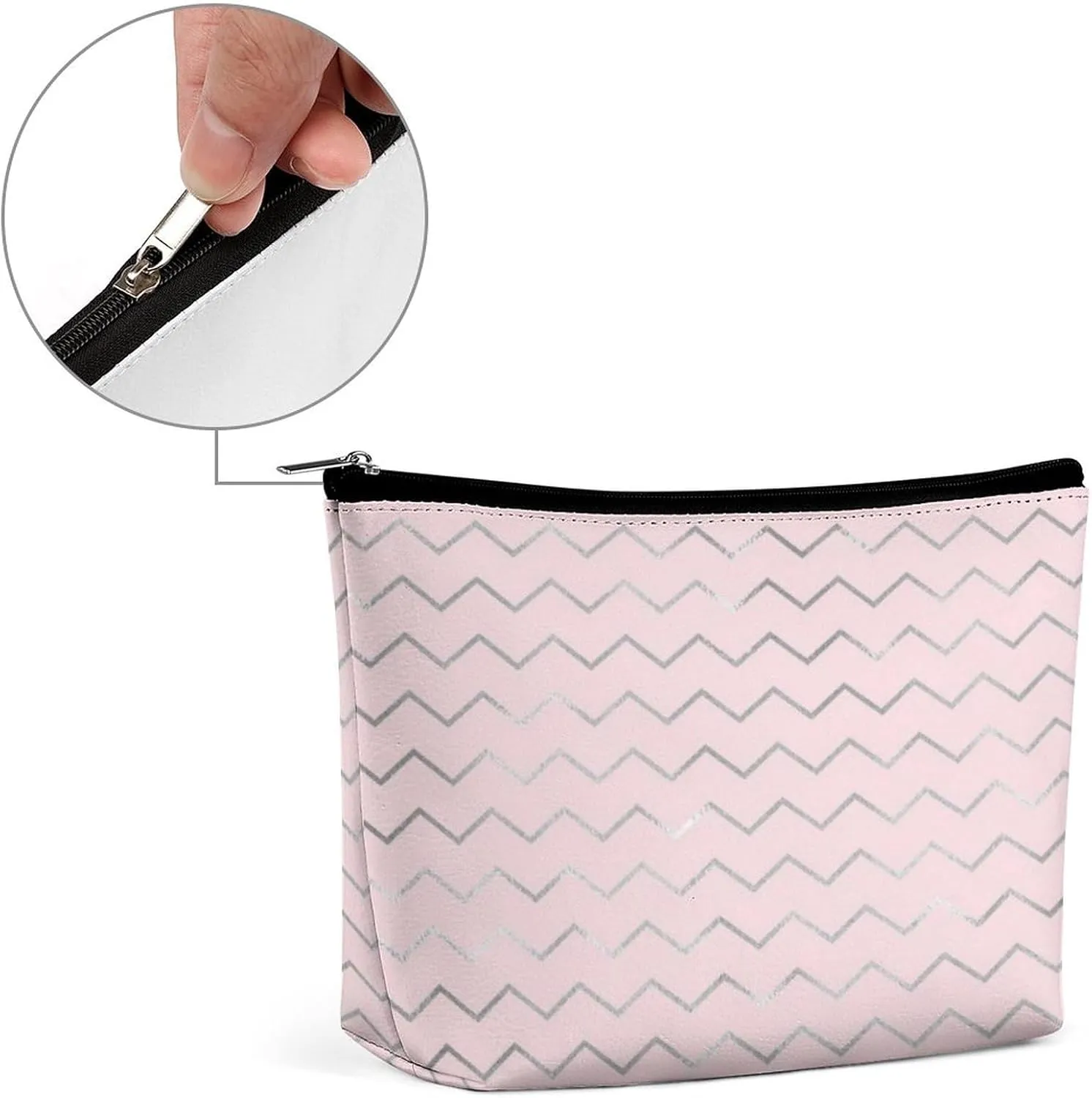 Elegant Makeup Bag, Chevron Stripes Lines Silver Metallic Pink Elegant Cosmetic Bag Large Capacity Pouch Portable Organizer for Men & Women