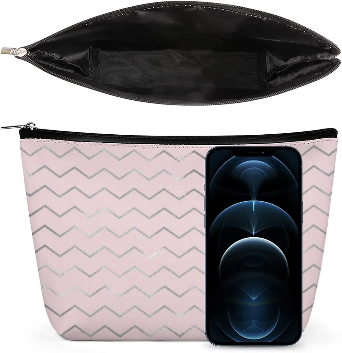 Elegant Makeup Bag, Chevron Stripes Lines Silver Metallic Pink Elegant Cosmetic Bag Large Capacity Pouch Portable Organizer for Men & Women