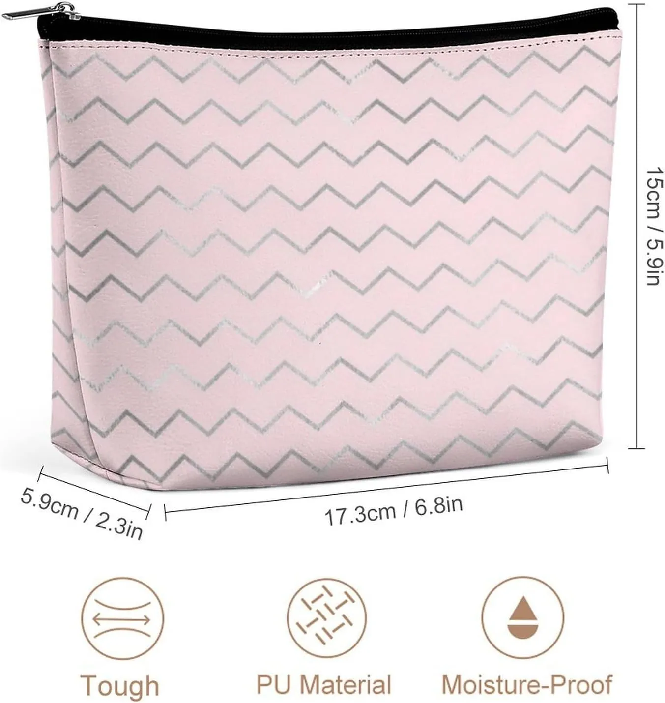 Elegant Makeup Bag, Chevron Stripes Lines Silver Metallic Pink Elegant Cosmetic Bag Large Capacity Pouch Portable Organizer for Men & Women