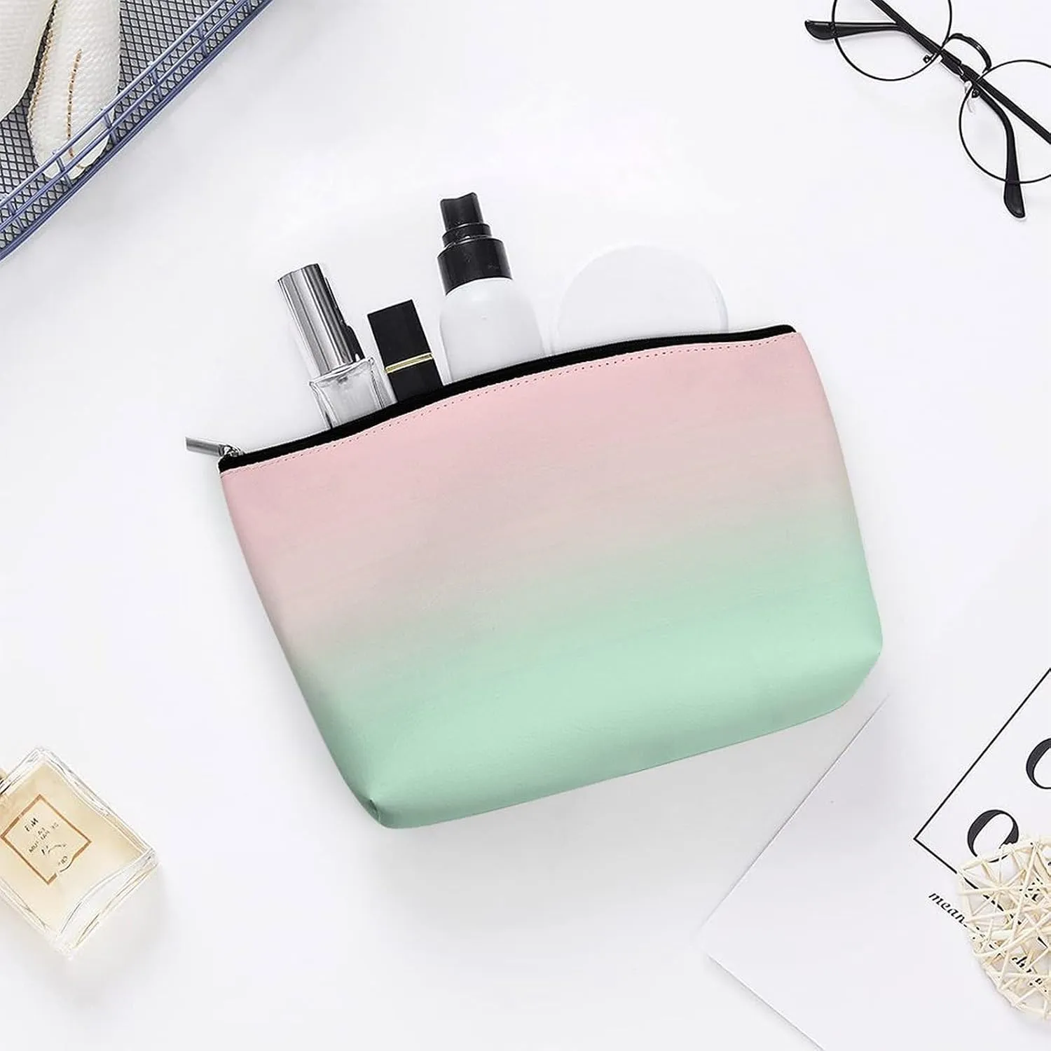 Elegant Makeup Bag, Gradient Pink Mint Green Cosmetic Bag Large Capacity Pouch Portable Organizer for Men & Women