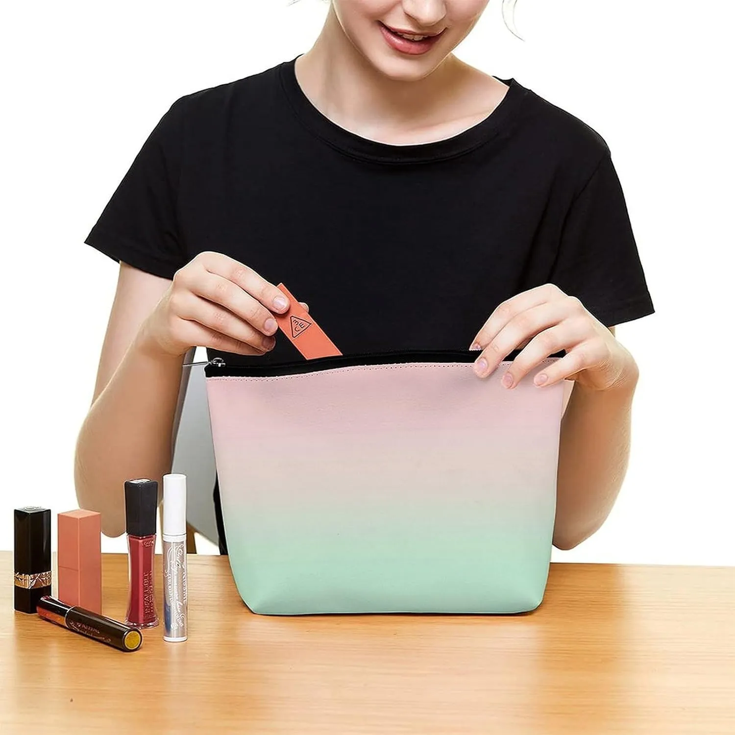 Elegant Makeup Bag, Gradient Pink Mint Green Cosmetic Bag Large Capacity Pouch Portable Organizer for Men & Women