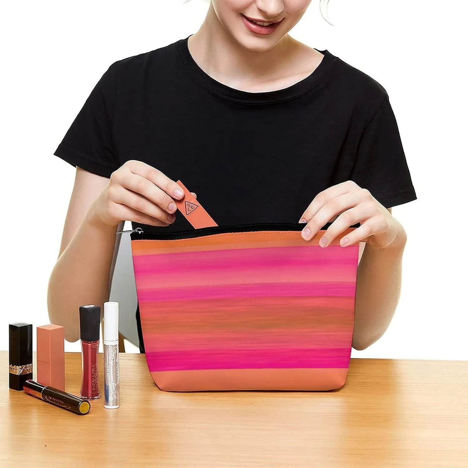 Elegant Makeup Bag, Hot Pink Bright Orange Stripes Cosmetic Bag Large Capacity Pouch Portable Organizer for Men & Women