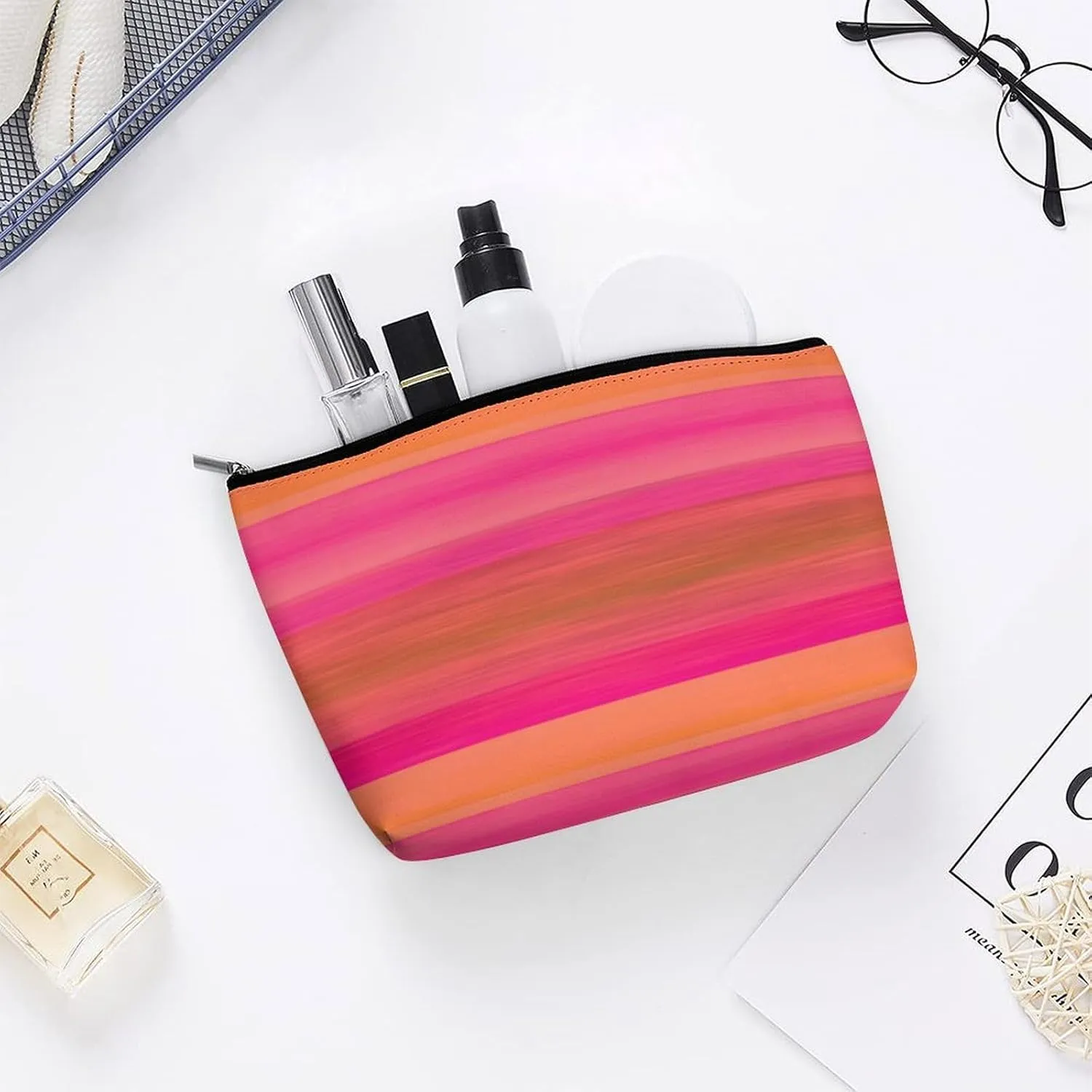 Elegant Makeup Bag, Hot Pink Bright Orange Stripes Cosmetic Bag Large Capacity Pouch Portable Organizer for Men & Women