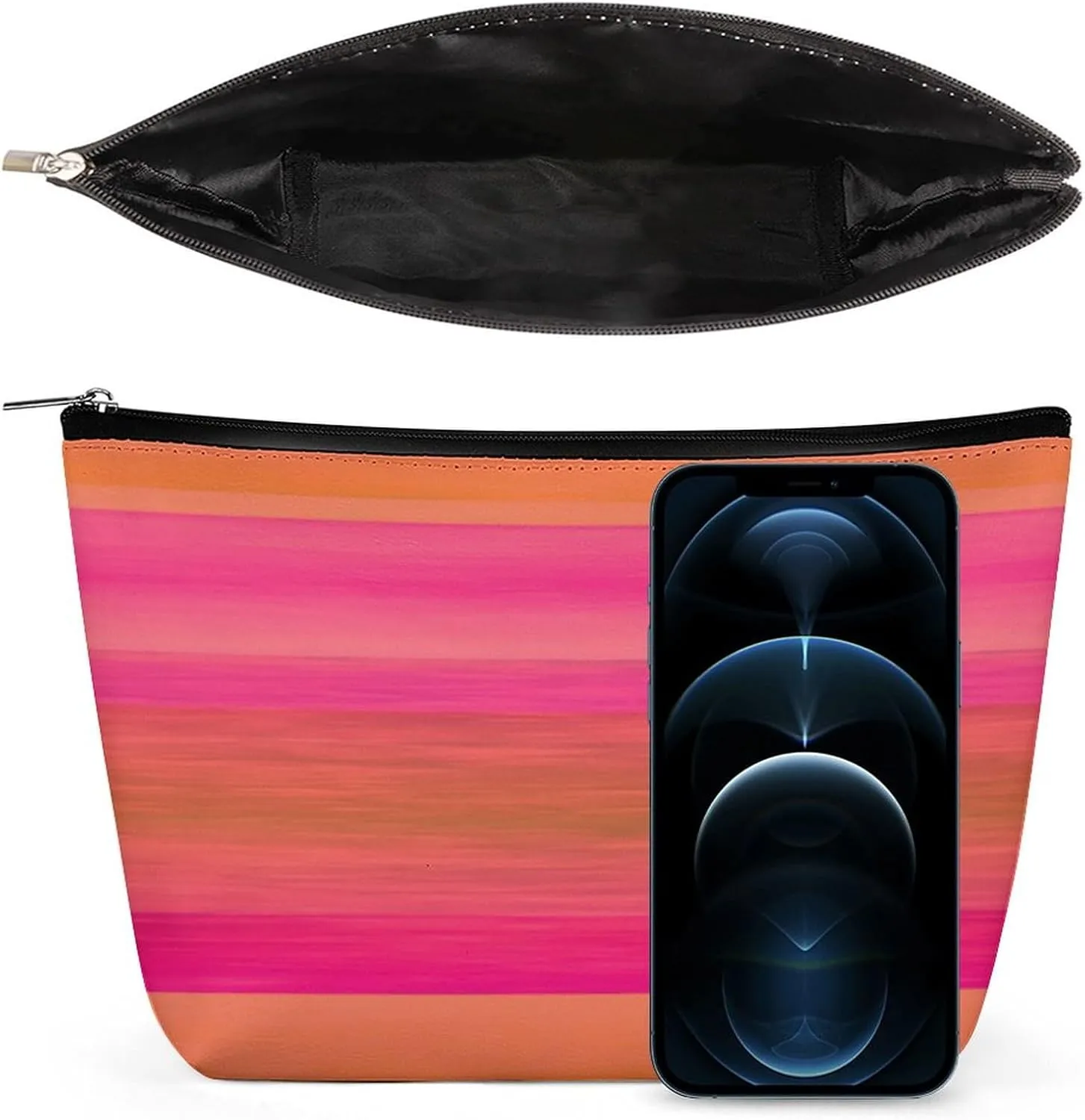 Elegant Makeup Bag, Hot Pink Bright Orange Stripes Cosmetic Bag Large Capacity Pouch Portable Organizer for Men & Women