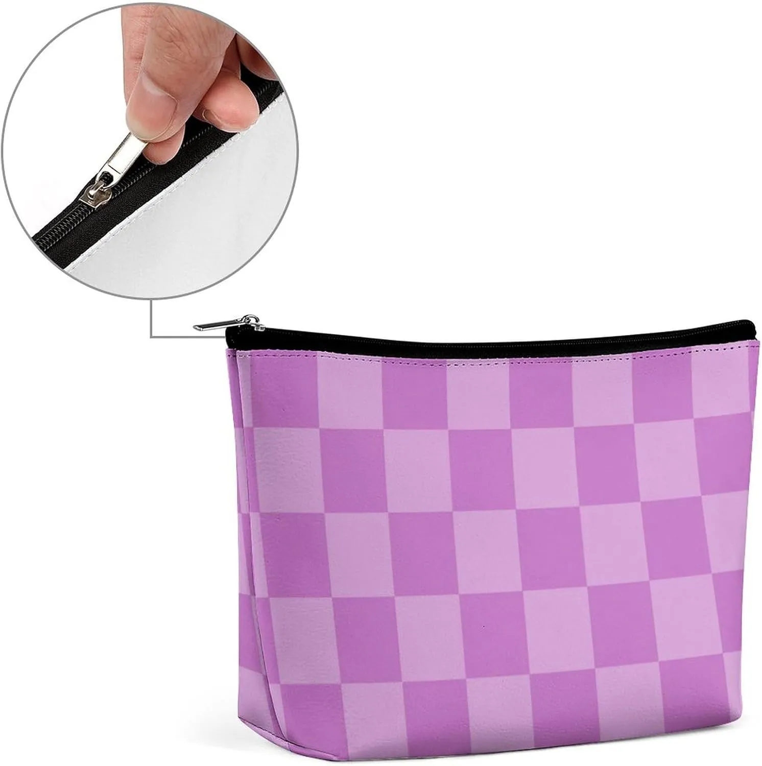 Elegant Makeup Bag, Lilac Checker Cosmetic Bag Large Capacity Pouch Portable Organizer for Men & Women