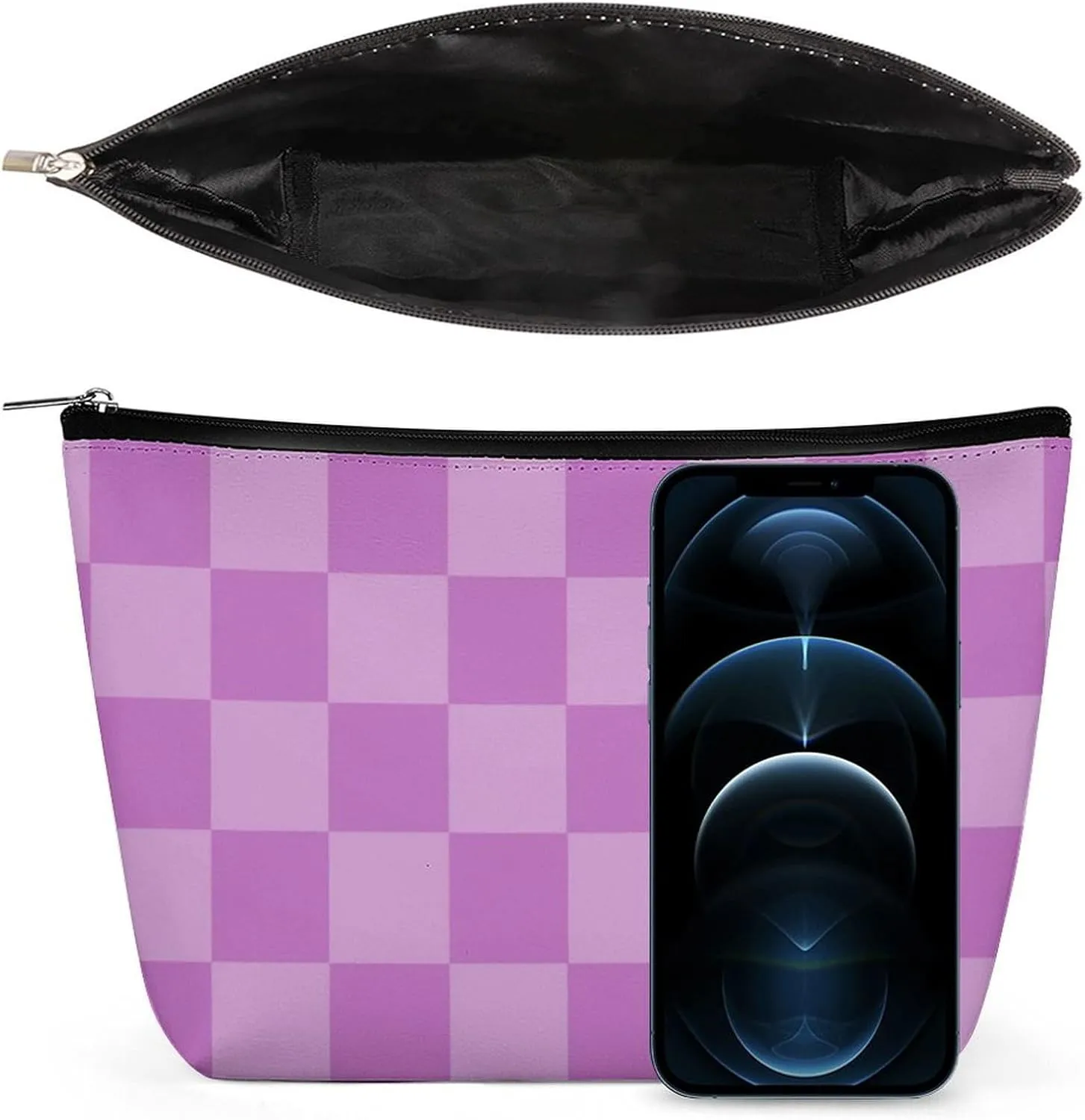 Elegant Makeup Bag, Lilac Checker Cosmetic Bag Large Capacity Pouch Portable Organizer for Men & Women