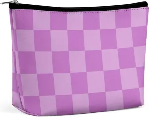 Elegant Makeup Bag, Lilac Checker Cosmetic Bag Large Capacity Pouch Portable Organizer for Men & Women