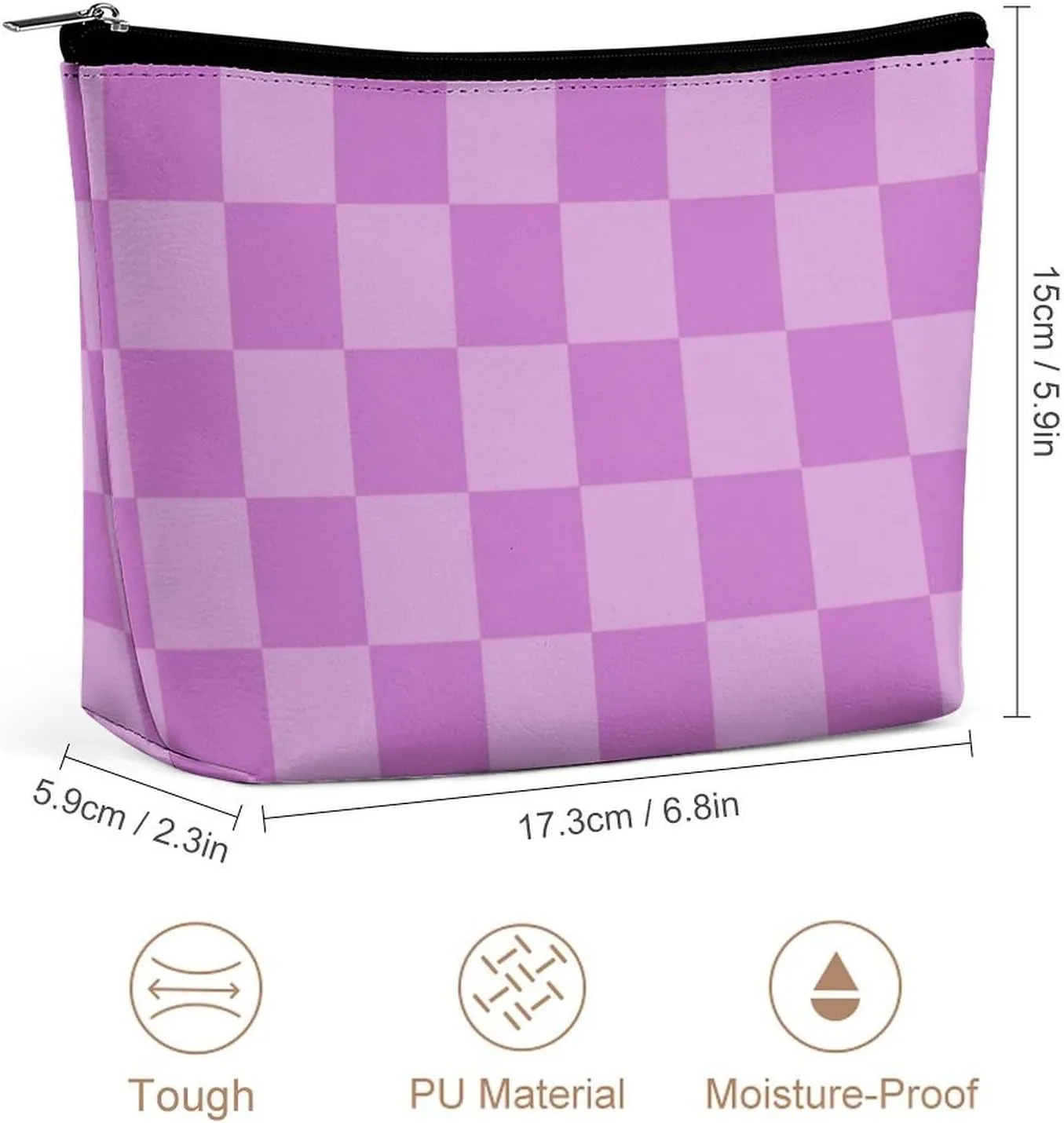 Elegant Makeup Bag, Lilac Checker Cosmetic Bag Large Capacity Pouch Portable Organizer for Men & Women