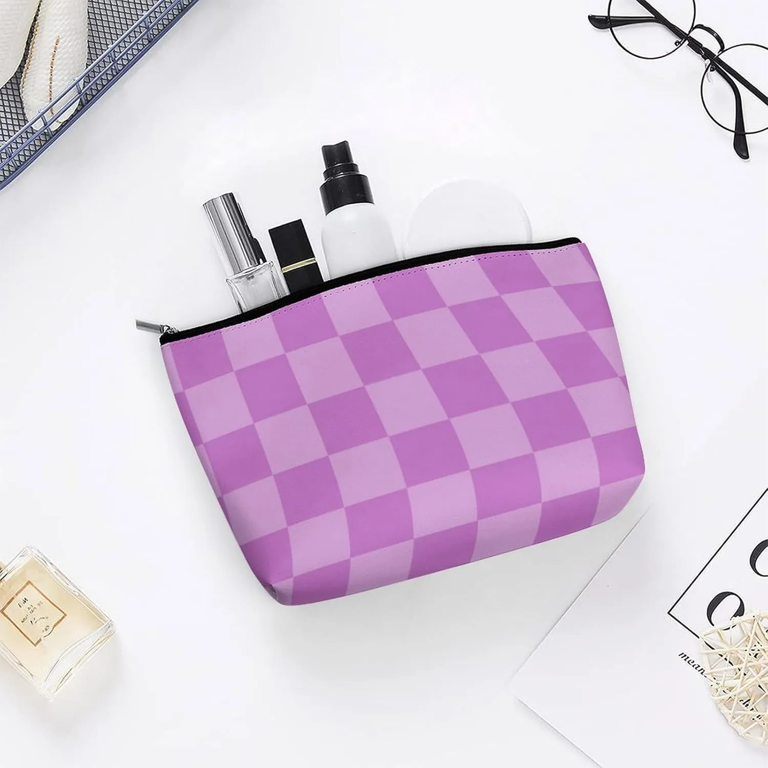 Elegant Makeup Bag, Lilac Checker Cosmetic Bag Large Capacity Pouch Portable Organizer for Men & Women