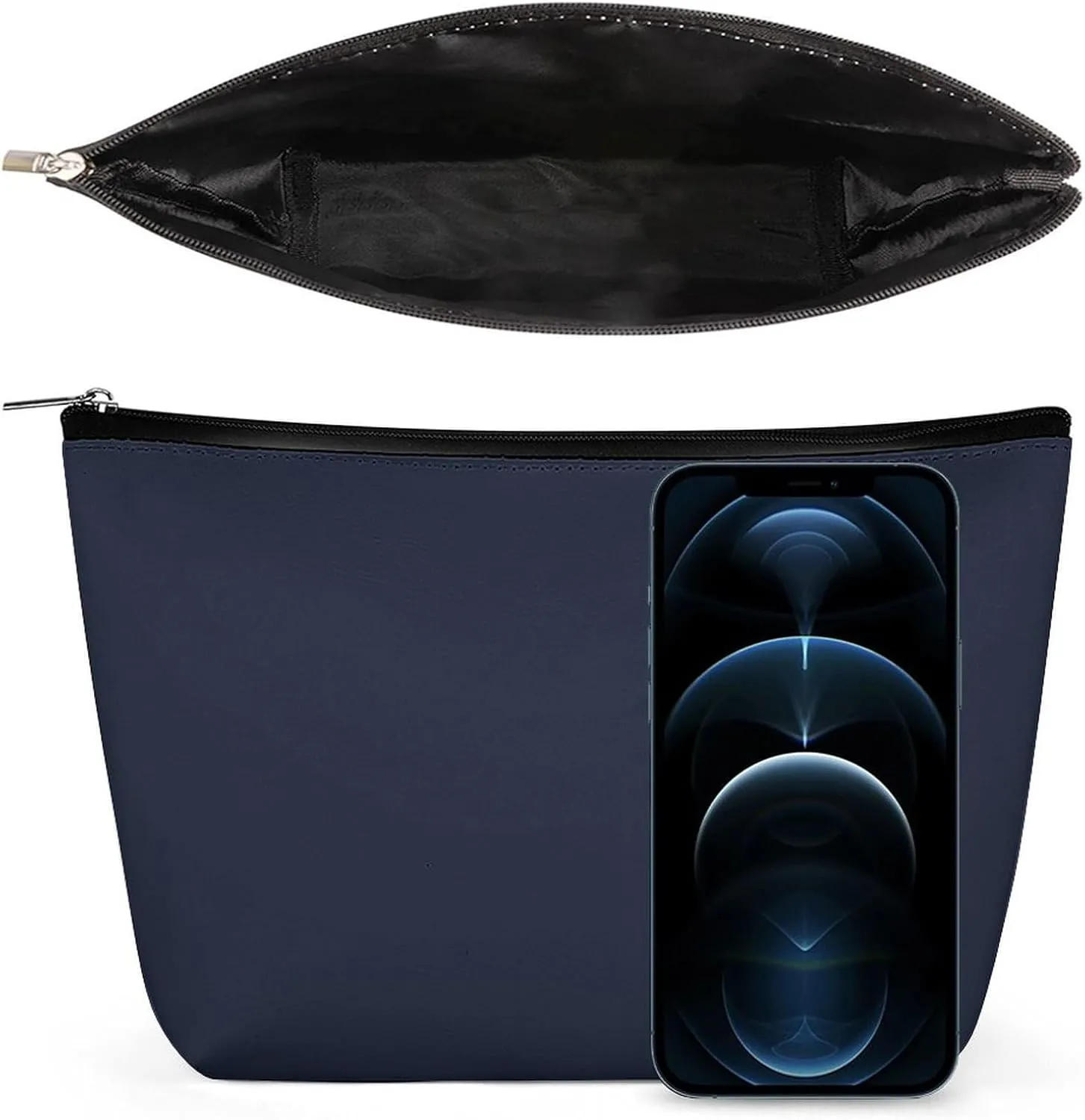 Elegant Makeup Bag, Trendy Dark Blue Solid Color Cosmetic Bag Large Capacity Pouch Portable Organizer for Men & Women