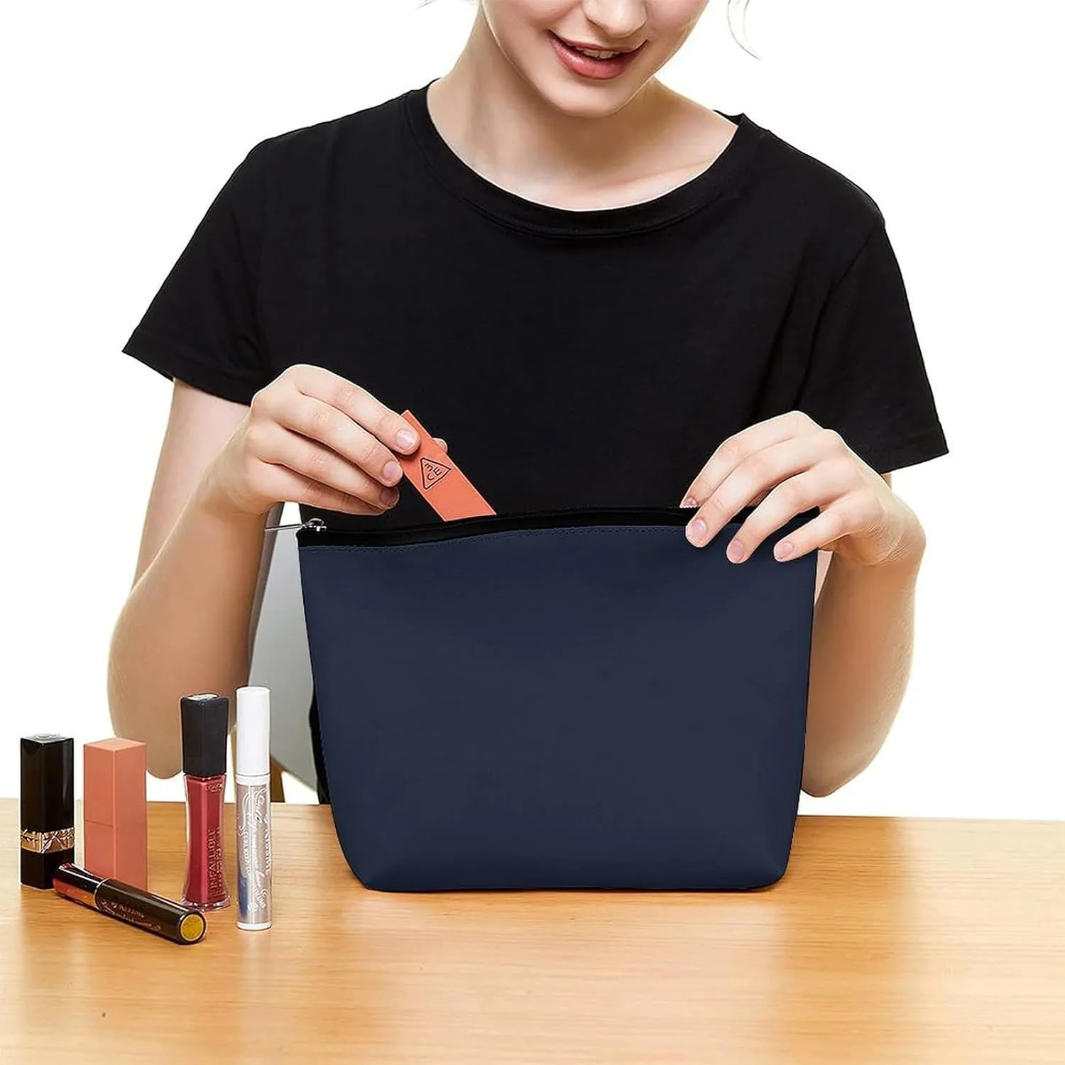 Elegant Makeup Bag, Trendy Dark Blue Solid Color Cosmetic Bag Large Capacity Pouch Portable Organizer for Men & Women