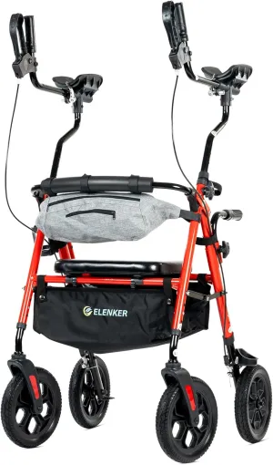 ELENKER All Terrain Upright Rollator Walker with Seat, Foldable Stand Up Walkers for Seniors with Armrest, Front Pouch, 10” Wheels, Fully Adjustment Frame, Red