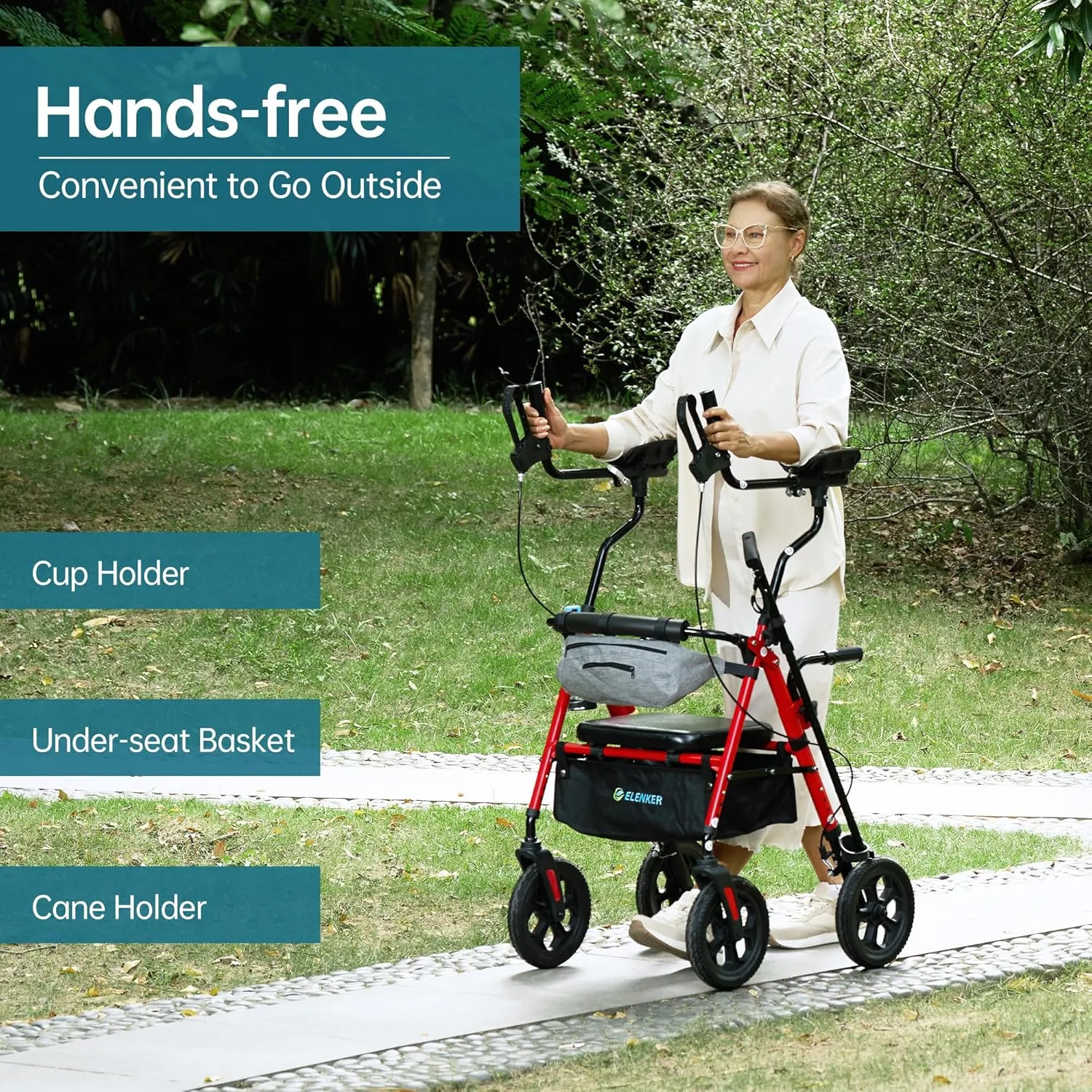ELENKER All Terrain Upright Rollator Walker with Seat, Foldable Stand Up Walkers for Seniors with Armrest, Front Pouch, 10” Wheels, Fully Adjustment Frame, Red