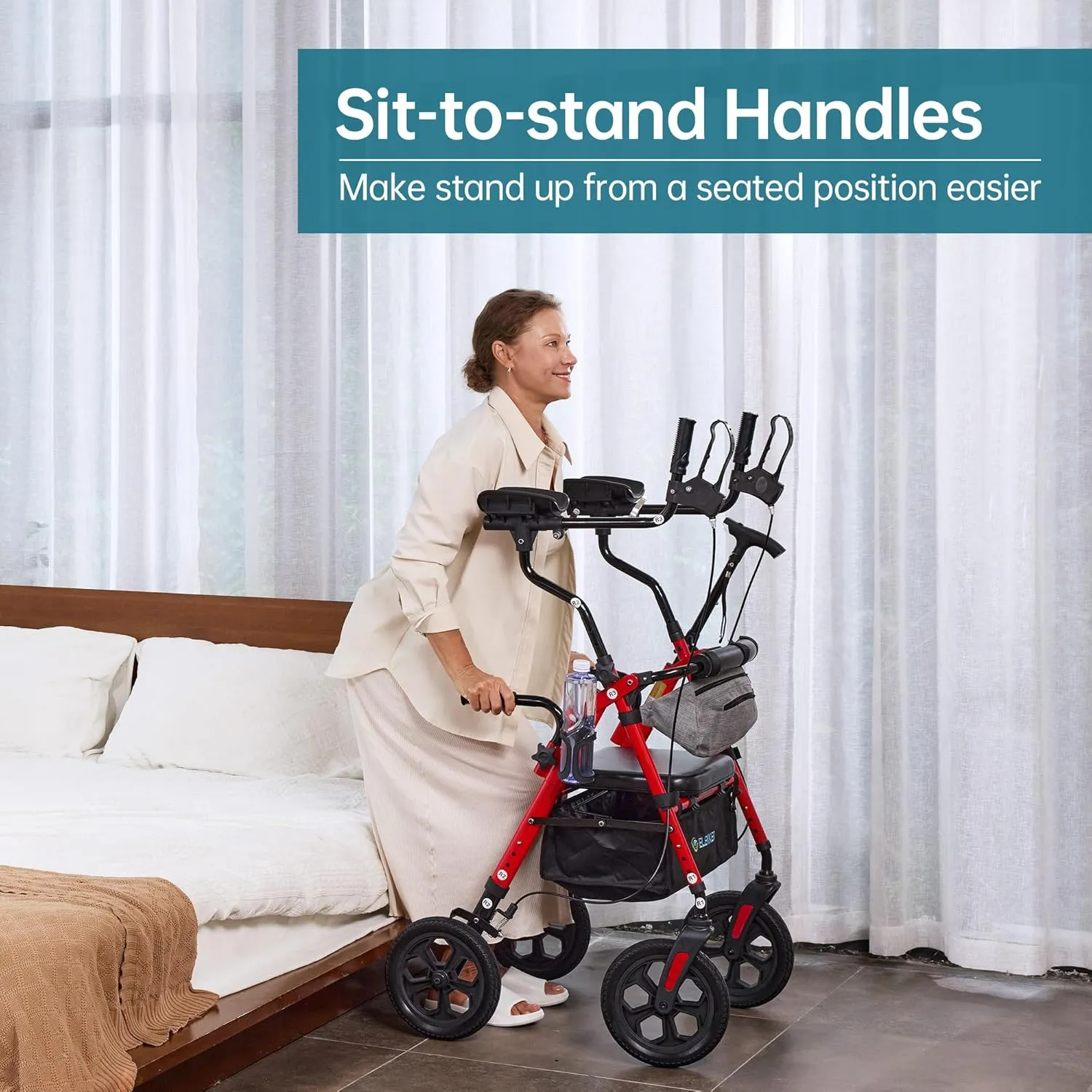 ELENKER All Terrain Upright Rollator Walker with Seat, Foldable Stand Up Walkers for Seniors with Armrest, Front Pouch, 10” Wheels, Fully Adjustment Frame, Red