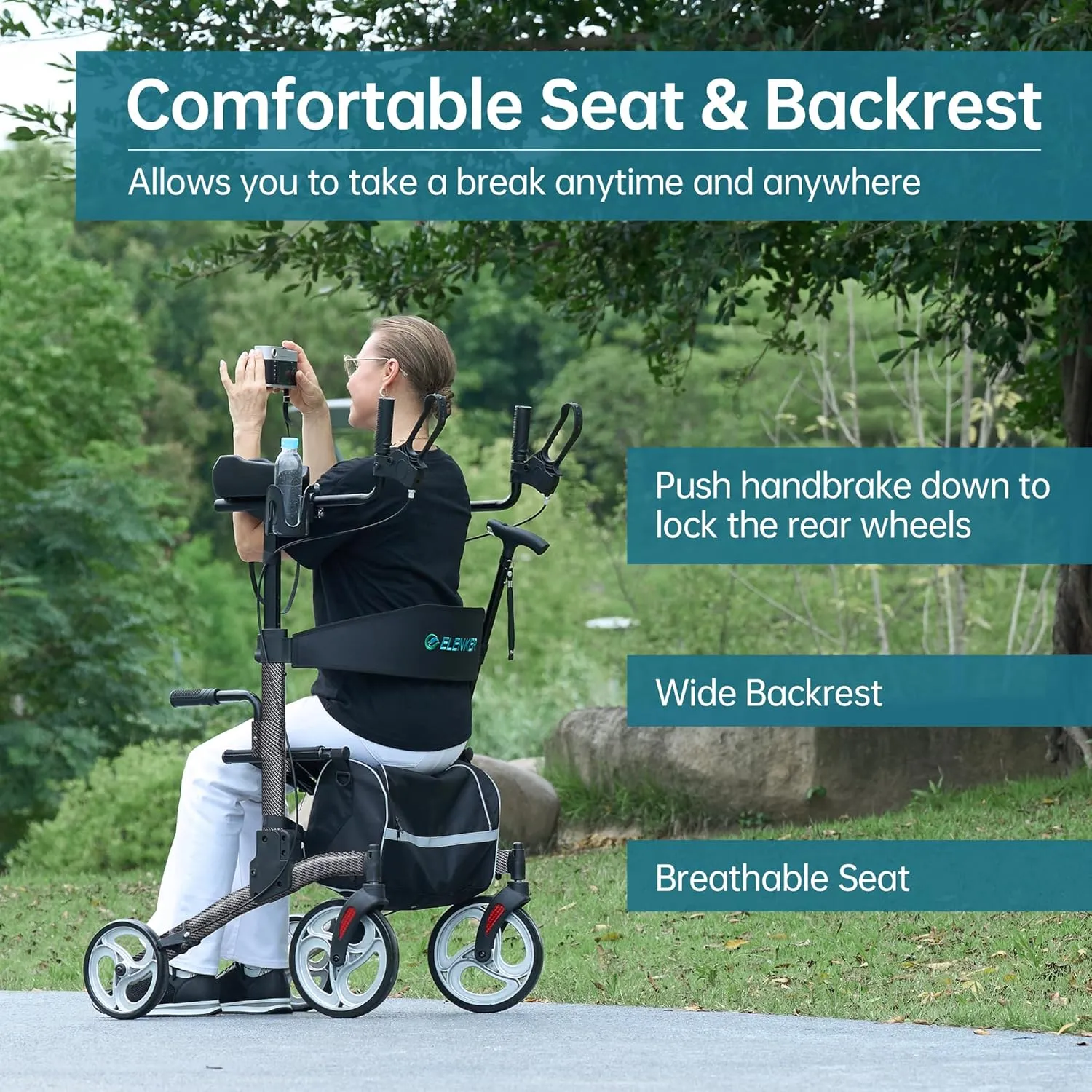 ELENKER Upright Walker, Stand Up Folding Rollator Walker with 10” Front Wheels Backrest Seat and Padded Armrest for Seniors(Carbon Fiber Black)