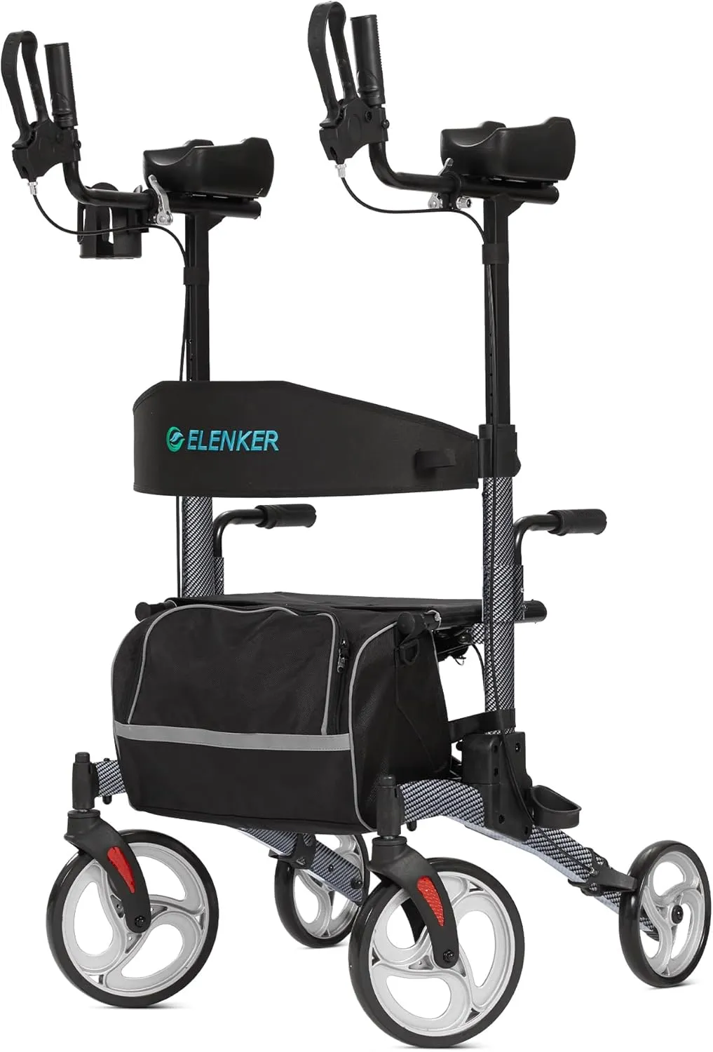 ELENKER Upright Walker, Stand Up Folding Rollator Walker with 10” Front Wheels Backrest Seat and Padded Armrest for Seniors(Carbon Fiber Black)