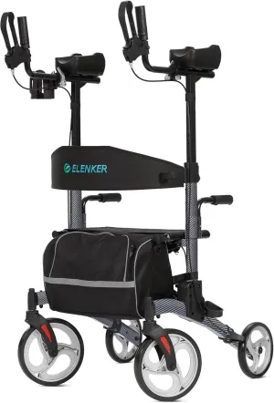 ELENKER Upright Walker, Stand Up Folding Rollator Walker with 10” Front Wheels Backrest Seat and Padded Armrest for Seniors(Carbon Fiber Black)