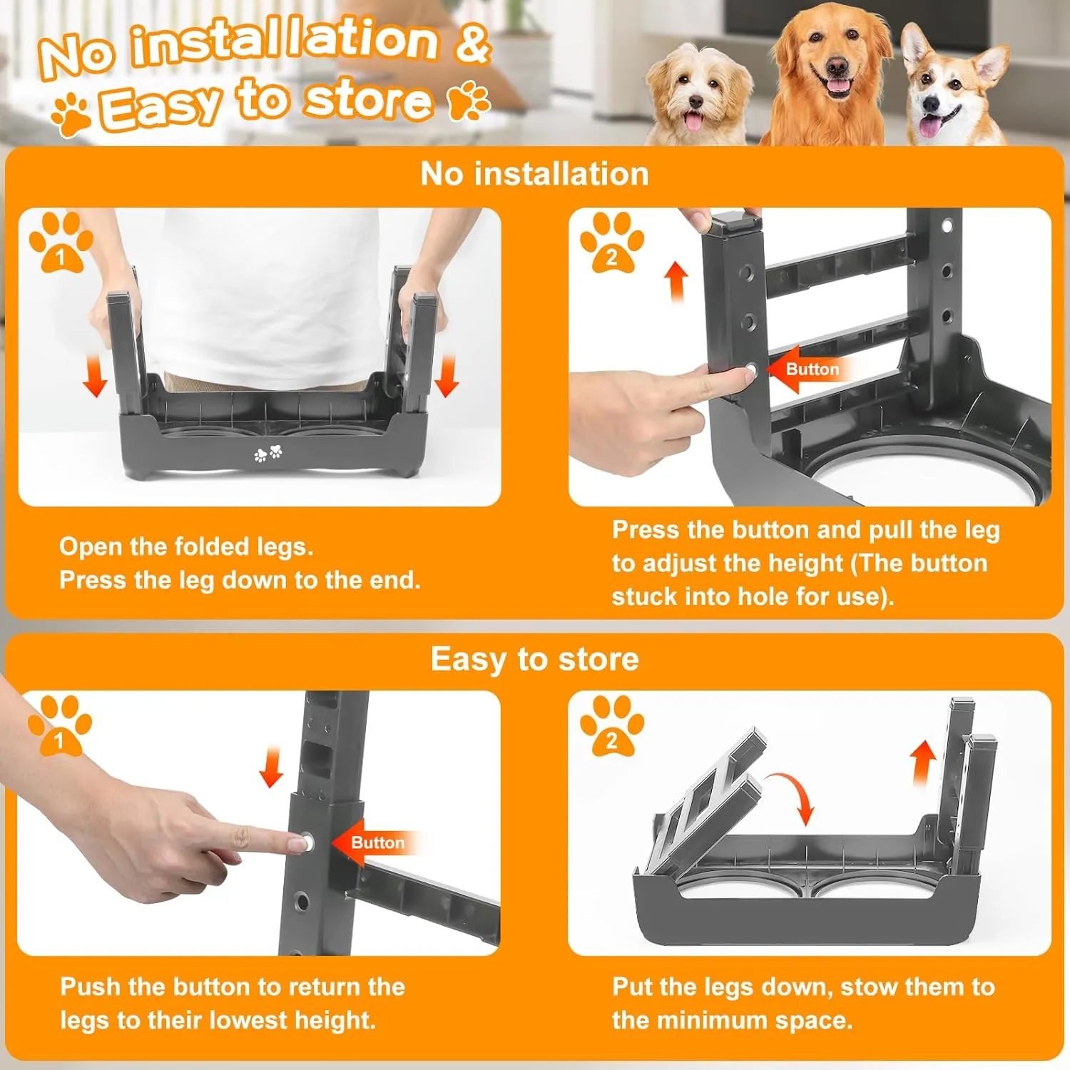 Elevated 2-in-1 Dog Feeder - Adjustable Raised Dog Bowl Stand with Non-Slip Slow Feeder & Water Bowl for Medium Large Dogs, Grey