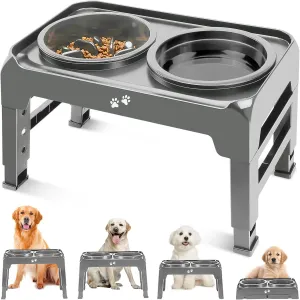 Elevated 2-in-1 Dog Feeder - Adjustable Raised Dog Bowl Stand with Non-Slip Slow Feeder & Water Bowl for Medium Large Dogs, Grey