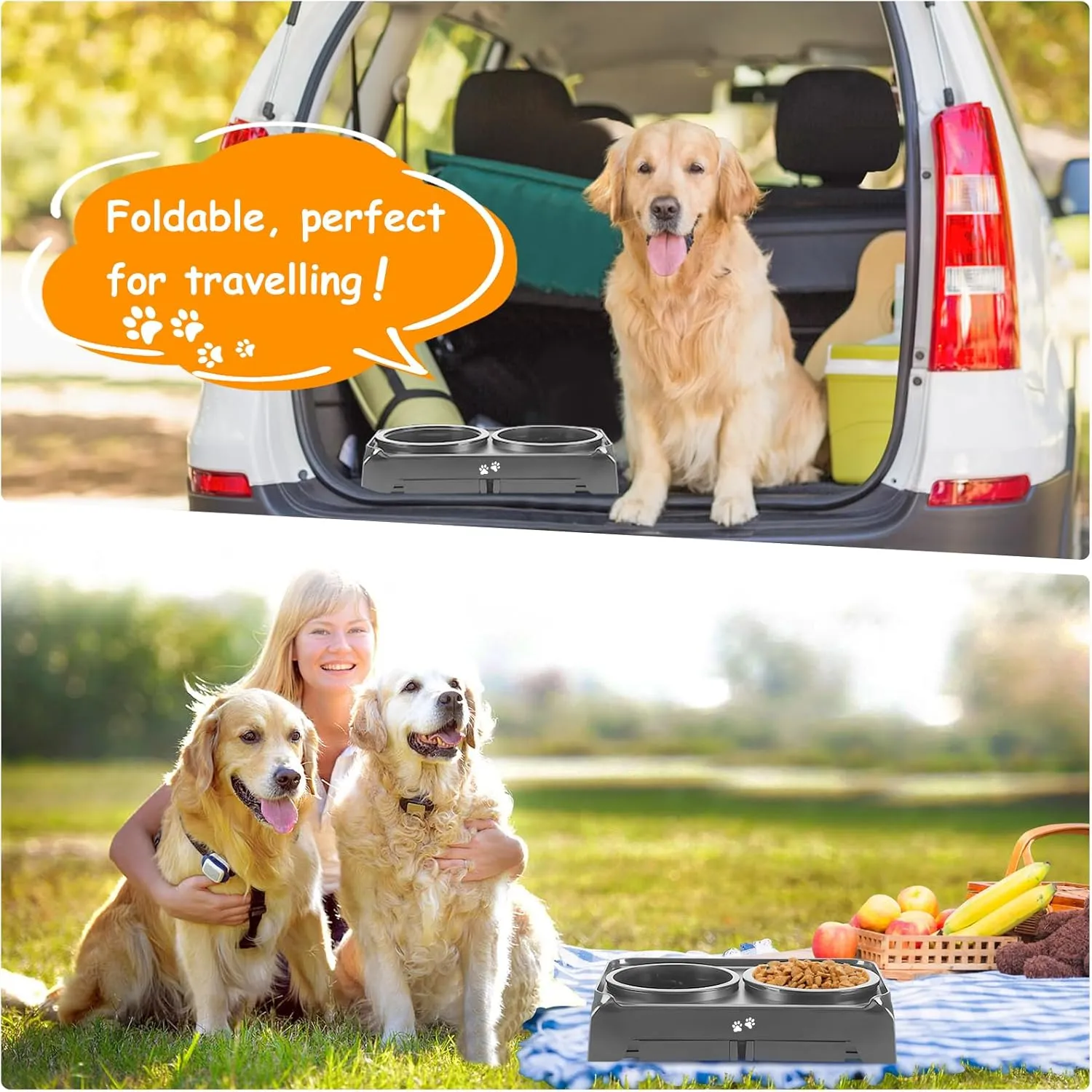 Elevated 2-in-1 Dog Feeder - Adjustable Raised Dog Bowl Stand with Non-Slip Slow Feeder & Water Bowl for Medium Large Dogs, Grey