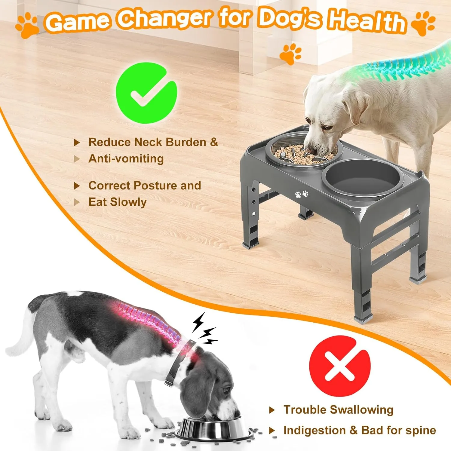 Elevated 2-in-1 Dog Feeder - Adjustable Raised Dog Bowl Stand with Non-Slip Slow Feeder & Water Bowl for Medium Large Dogs, Grey